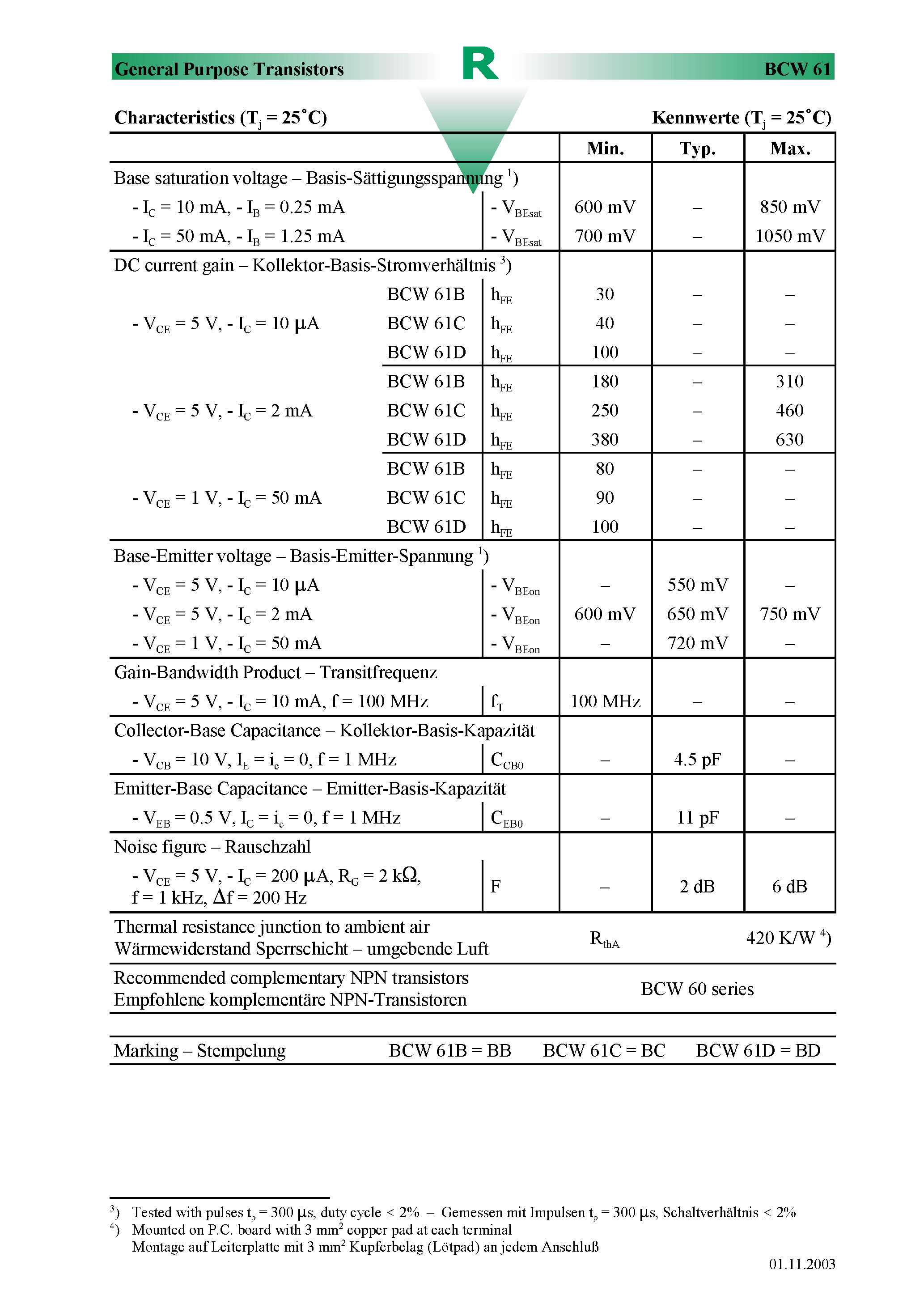 Даташит на микросхему BCW61 страница 2 Даташит BCW61 - Surface mount Si-Epitaxial PlanarTransistors страница 2