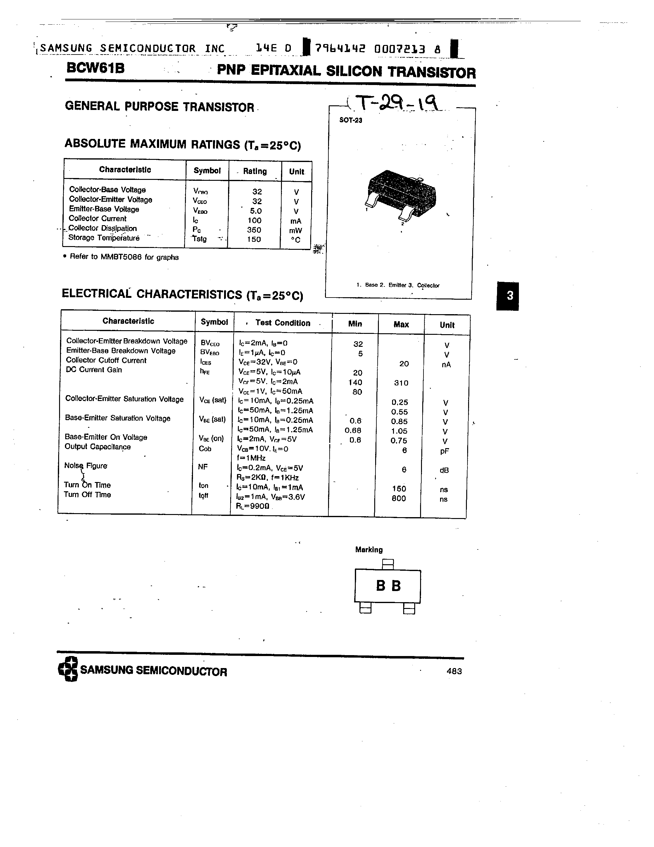Даташит на микросхему BCW61B страница 1 Даташит BCW61B - PNP EPITAXIAL SILICON TRANSISTOR страница 1