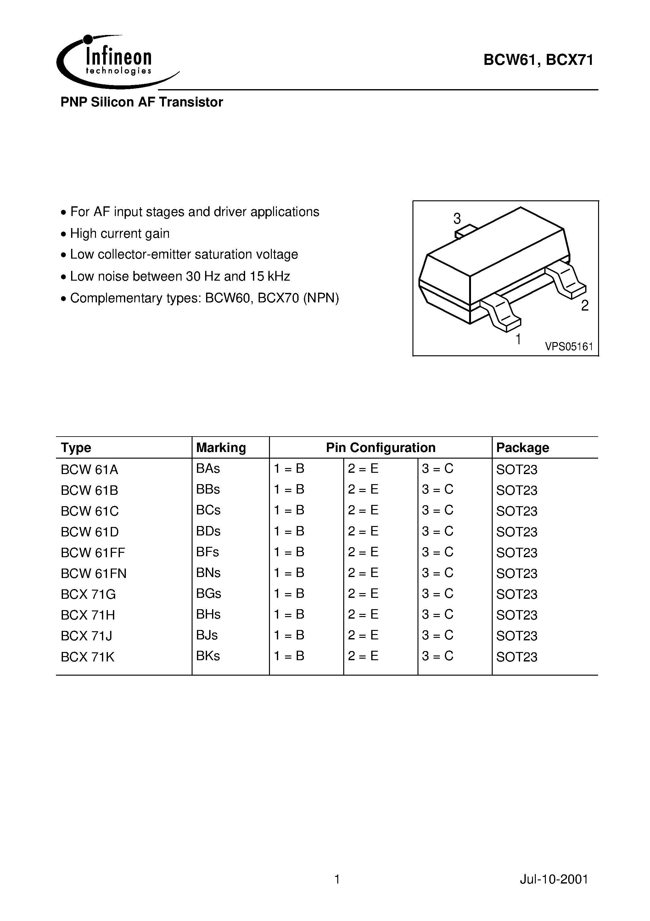 Даташит BCW61B - PNP Silicon AF Transistor страница 1