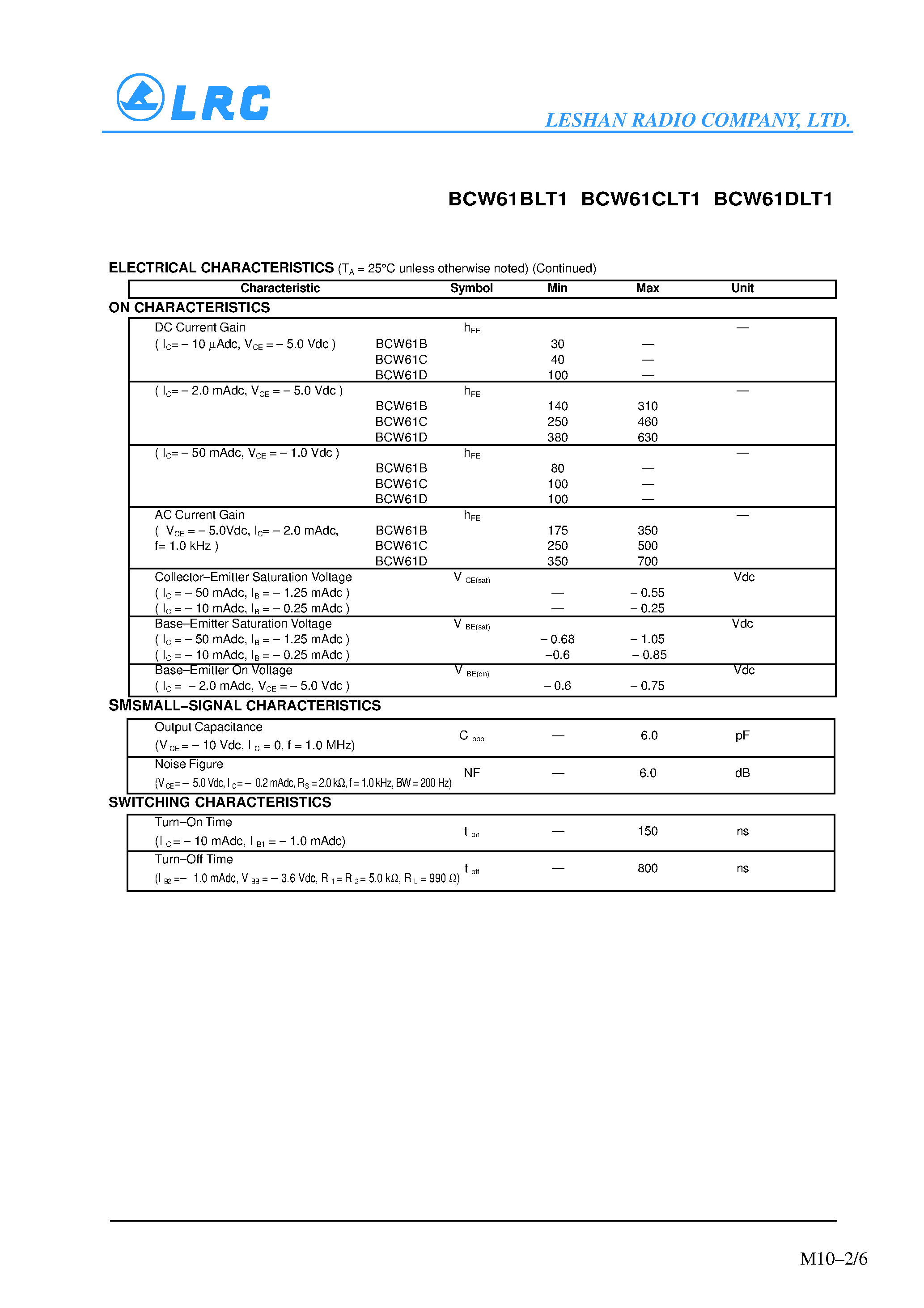 Даташит BCW61BLT1 - General Purpose Transistors(PNP Silicon) страница 2