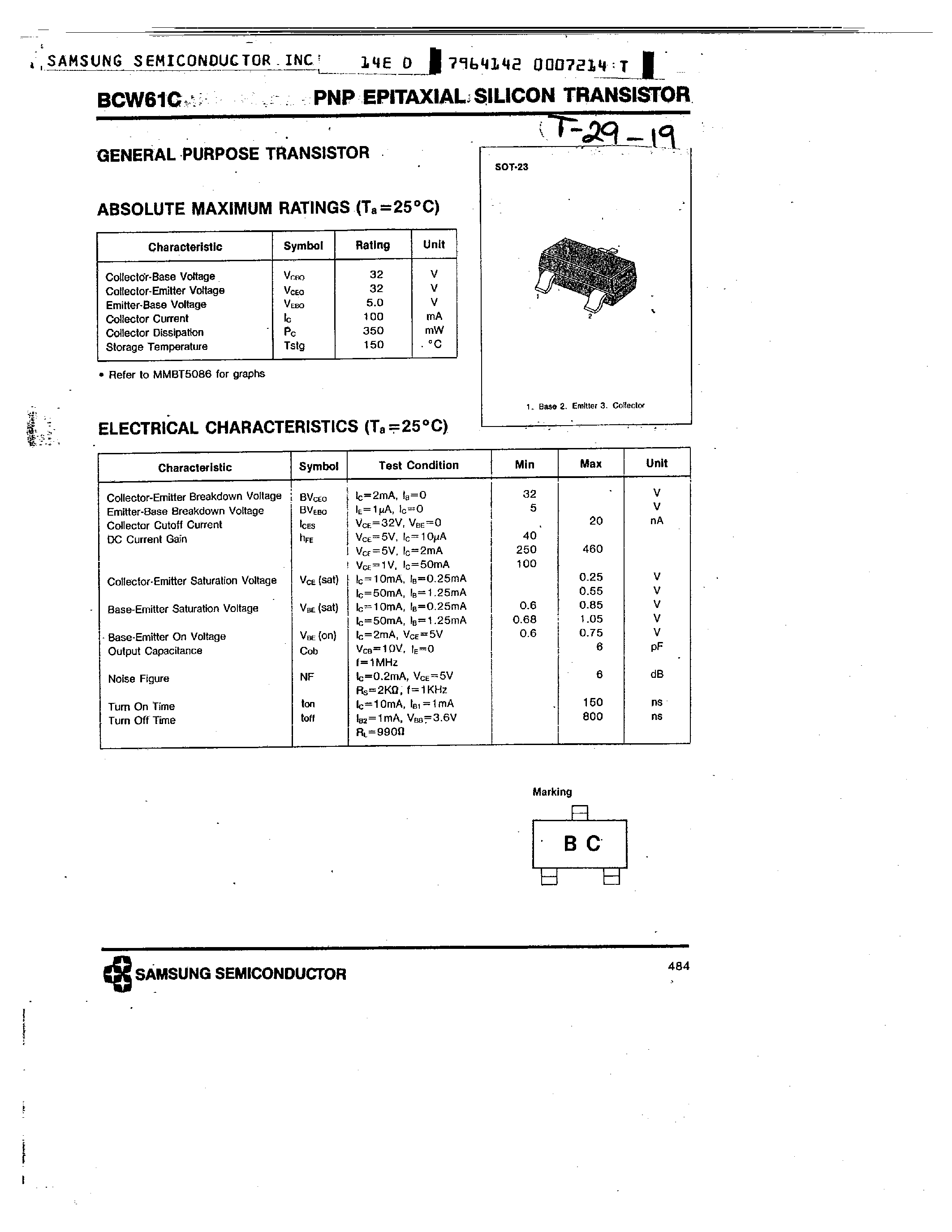 Даташит BCW61C - PNP EPITAXIAL SILICON TRANSISTOR страница 1