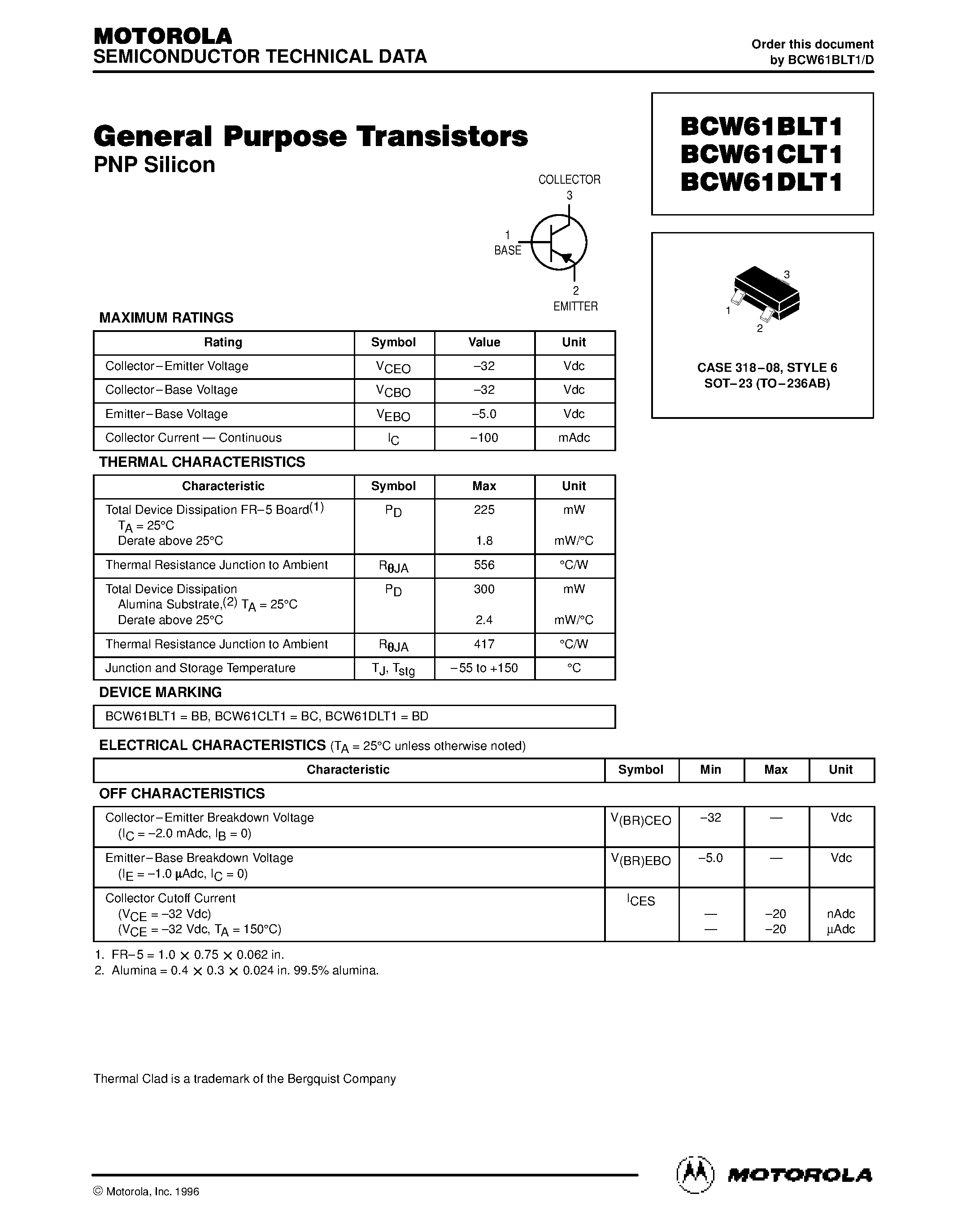 Datasheet BCW61CLT1 page 1 Datasheet BCW61CLT1 - General Purpose Transistors page 1
