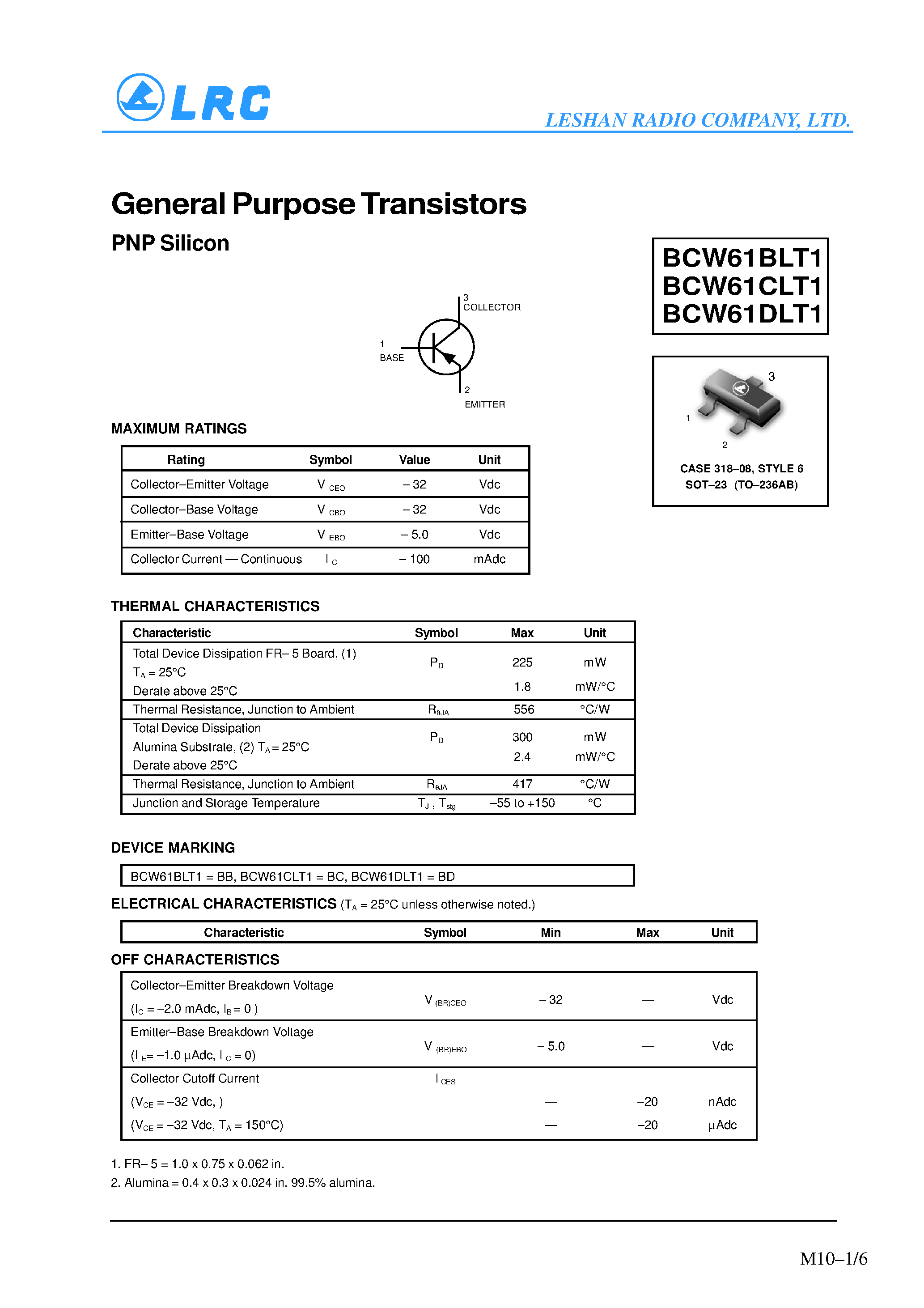 Даташит BCW61CLT1 - General Purpose Transistors(PNP Silicon) страница 1