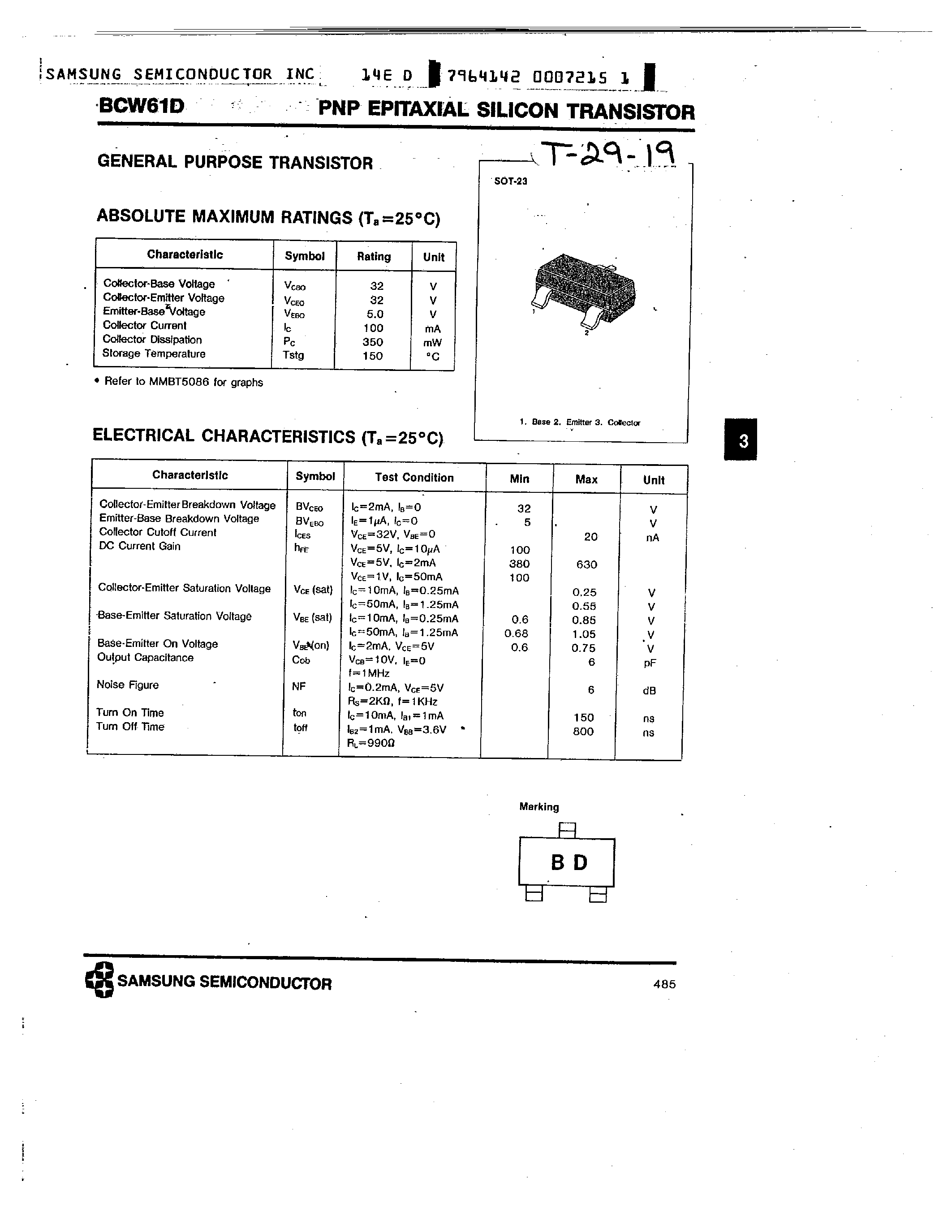 Даташит BCW61D - PNP EPITAXIAL SILICON TRANSISTOR страница 1