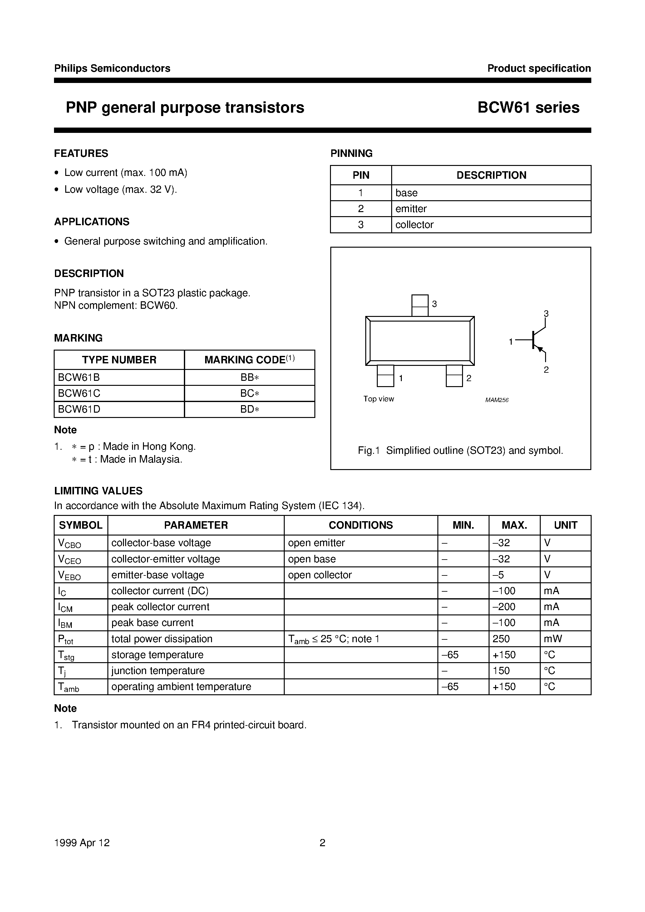Даташит BCW61D - PNP general purpose transistors страница 2