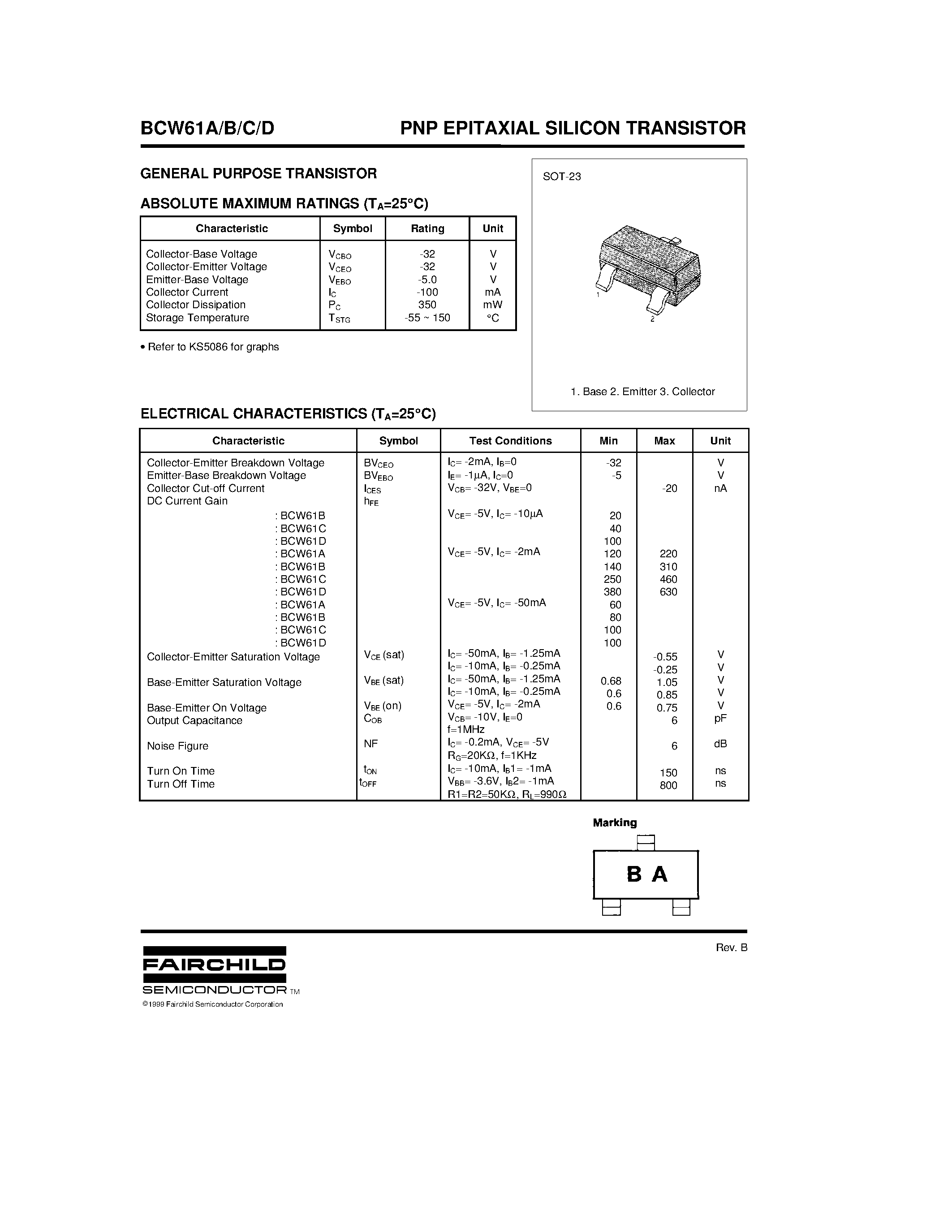 Даташит BCW61D - PNP EPITAXIAL SILICON TRANSISTOR страница 1