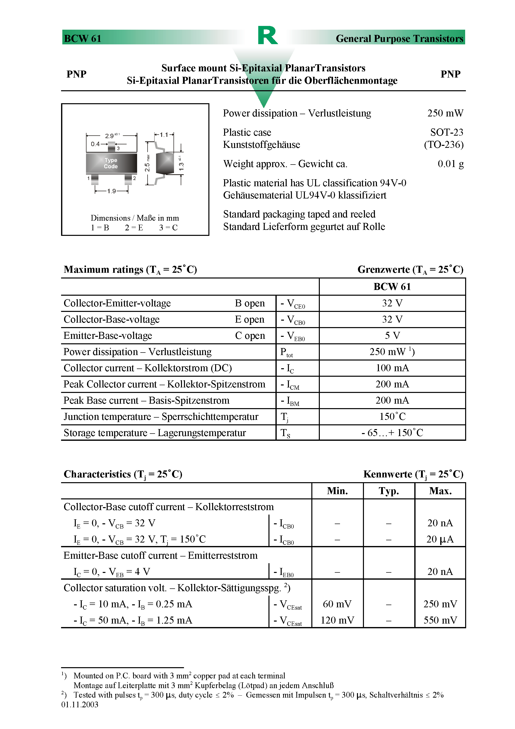 Даташит BCW61D - Surface mount Si-Epitaxial PlanarTransistors страница 1