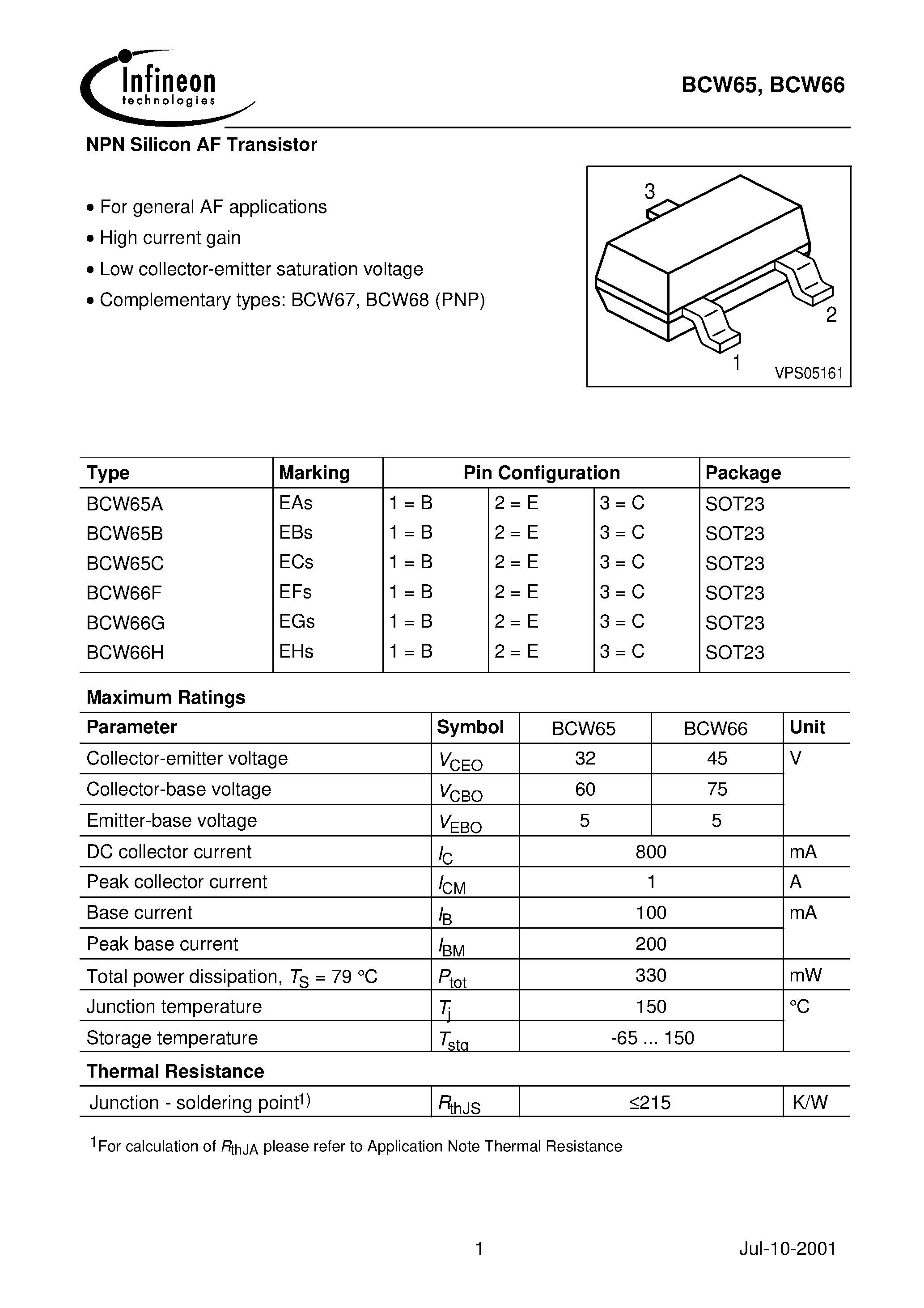 Даташит BCW65A - NPN Silicon AF Transistor страница 1