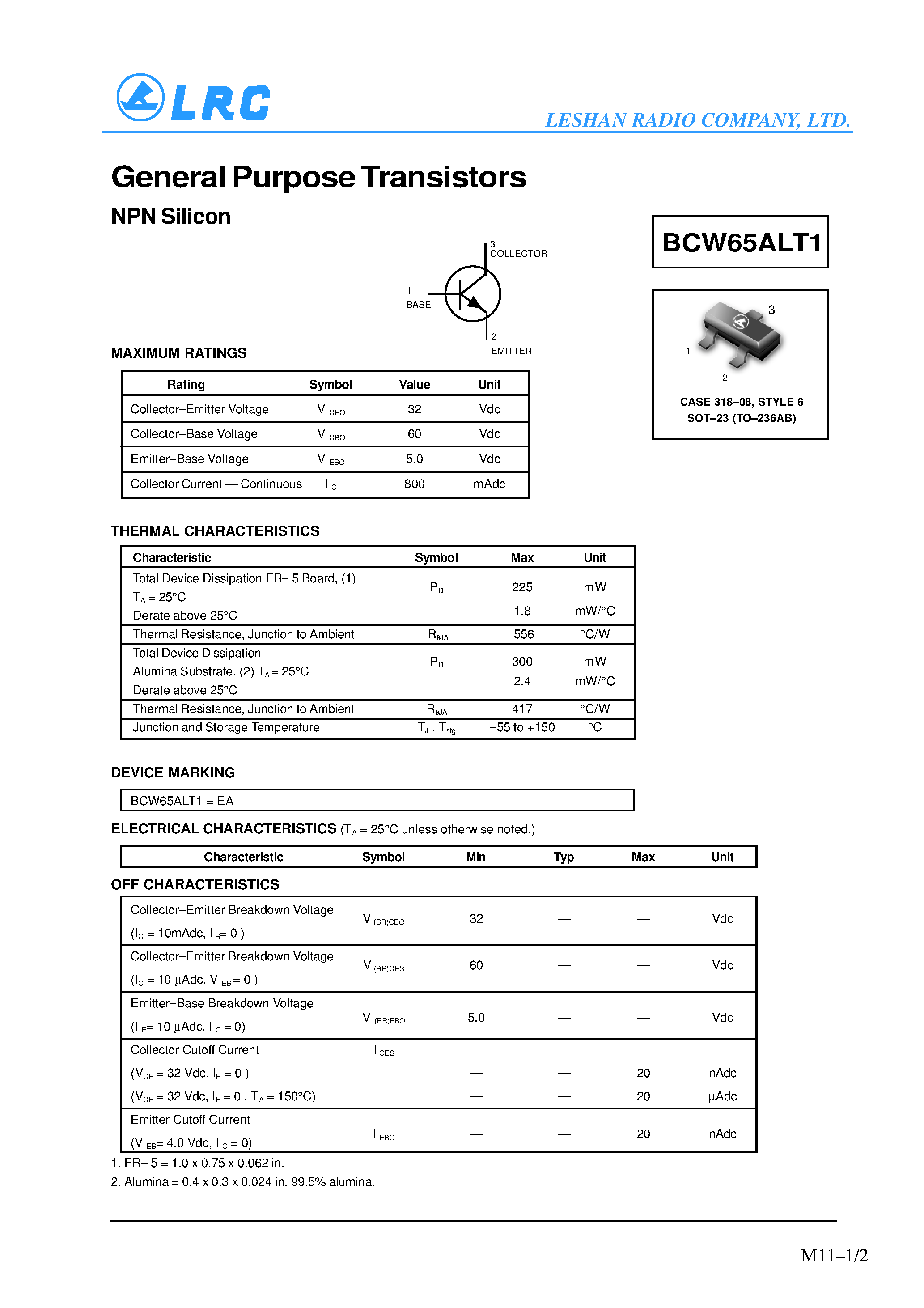 Даташит BCW65ALT1 - General Purpose Transistors(NPN Silicon) страница 1