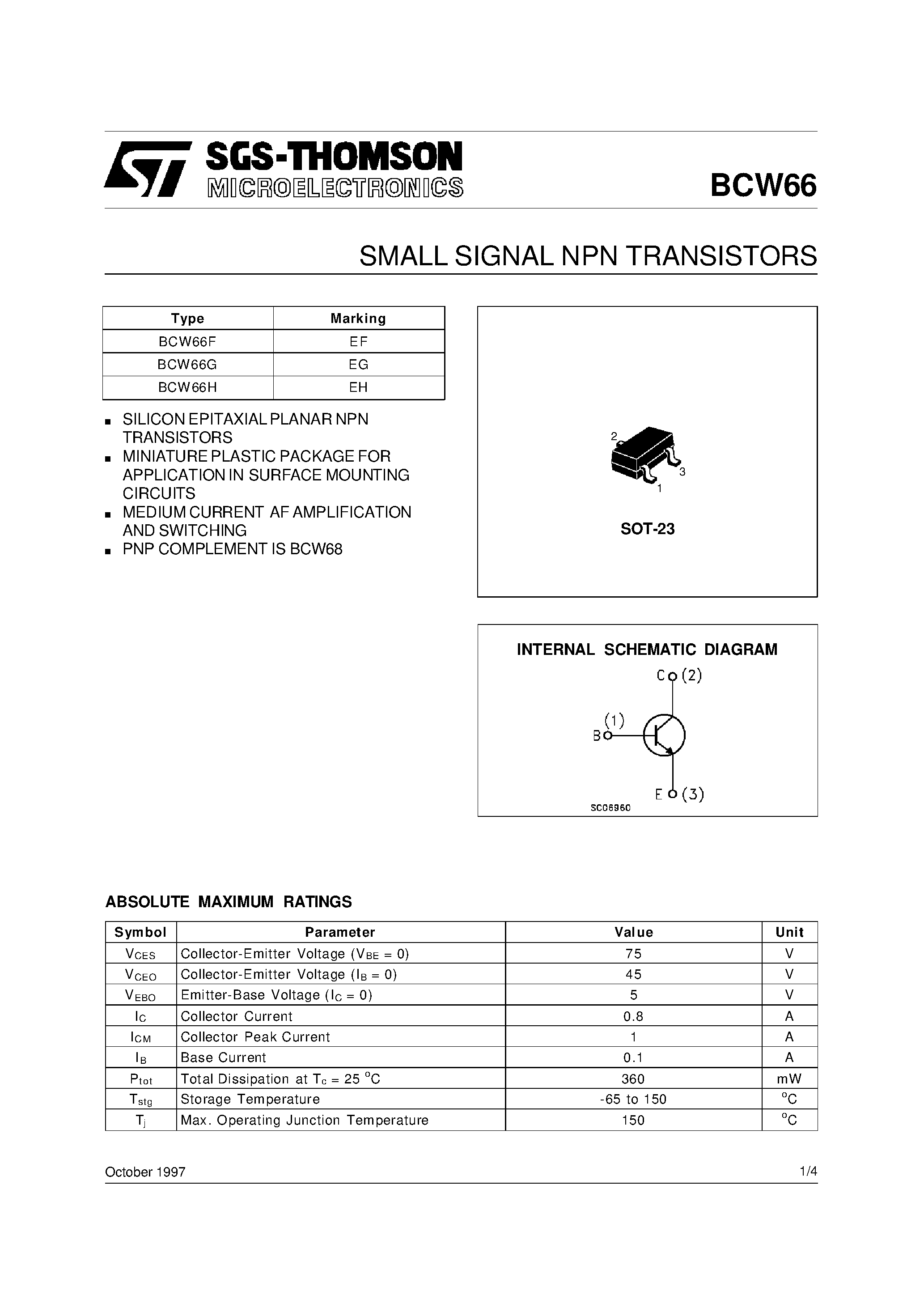Даташит BCW66 - SMALL SIGNAL NPN TRANSISTORS страница 1