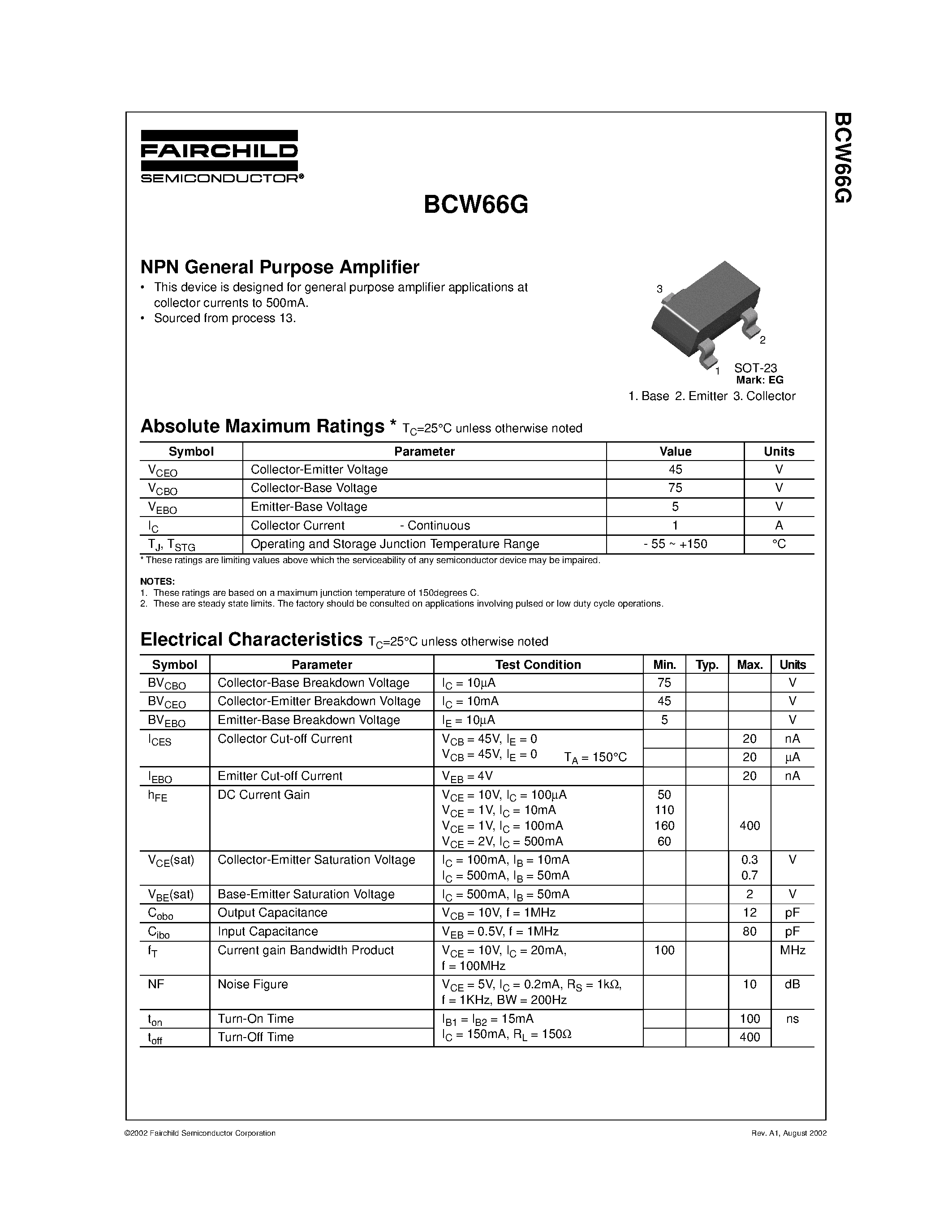 Datasheet BCW66G page 1 Datasheet BCW66G - NPN General Purpose Amplifier page 1