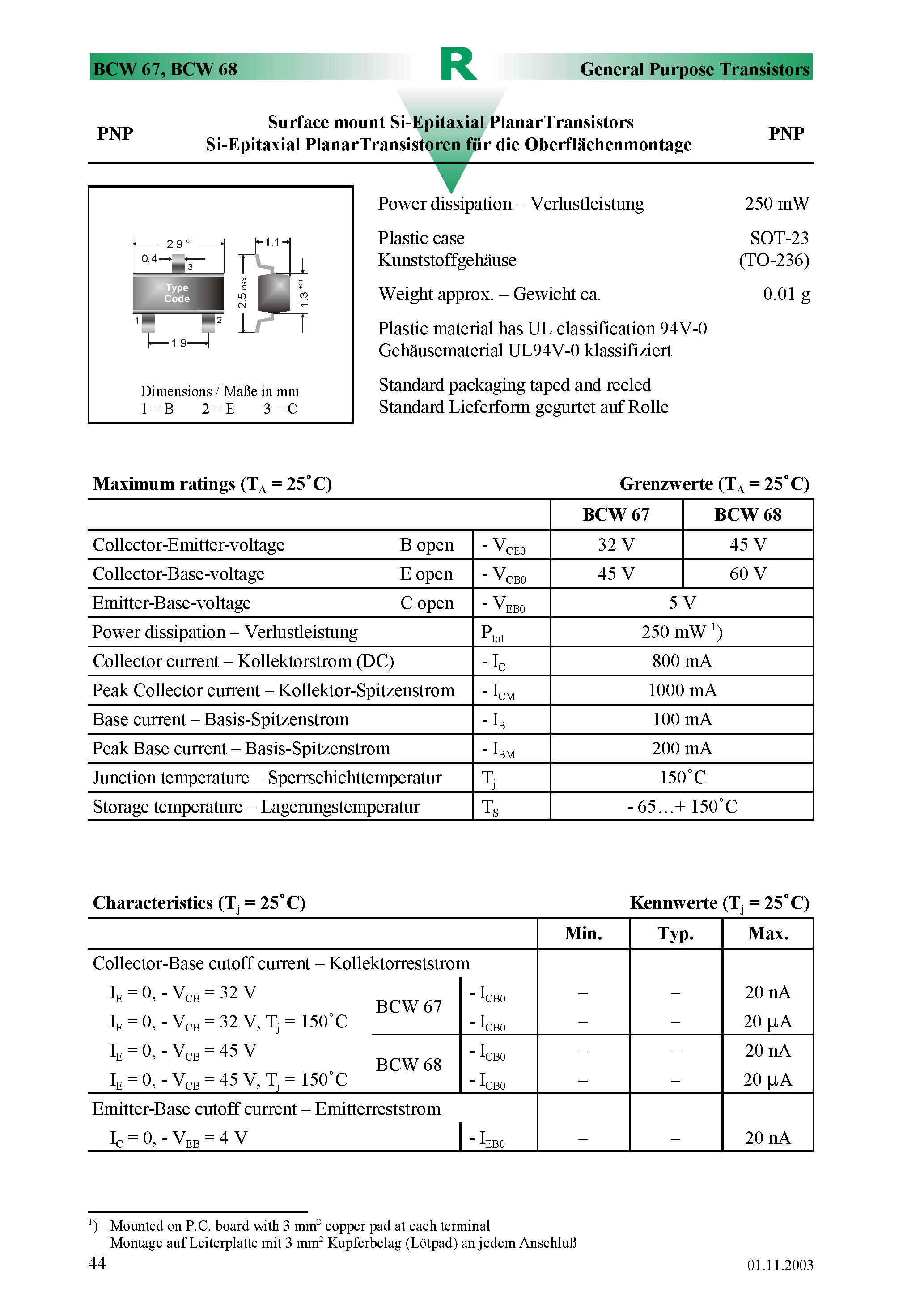 Datasheet BCW67 page 1 Datasheet BCW67 - Surface mount Si-Epitaxial PlanarTransistors page 1