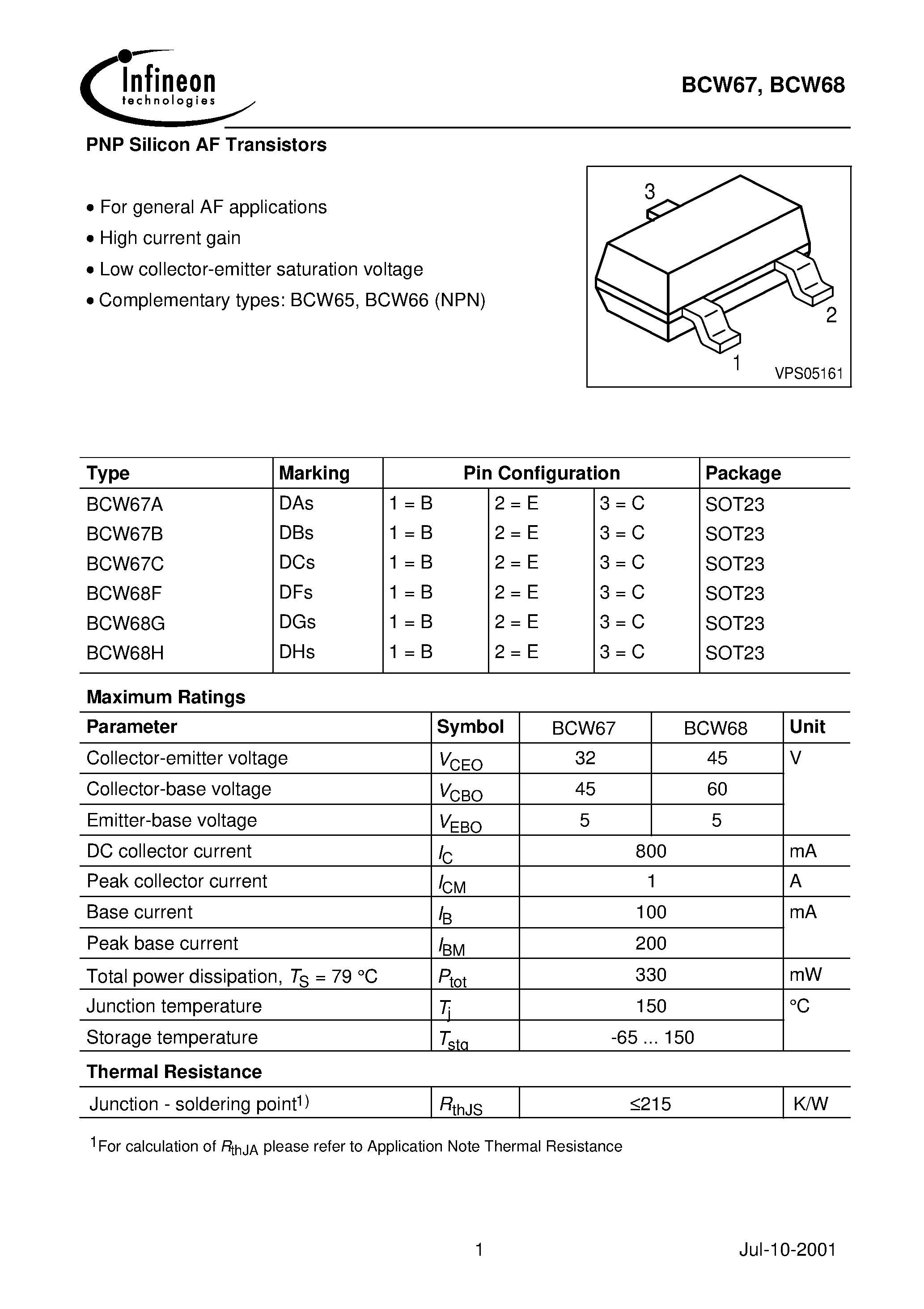 Datasheet BCW67A page 1 Datasheet BCW67A - PNP Silicon AF Transistors page 1