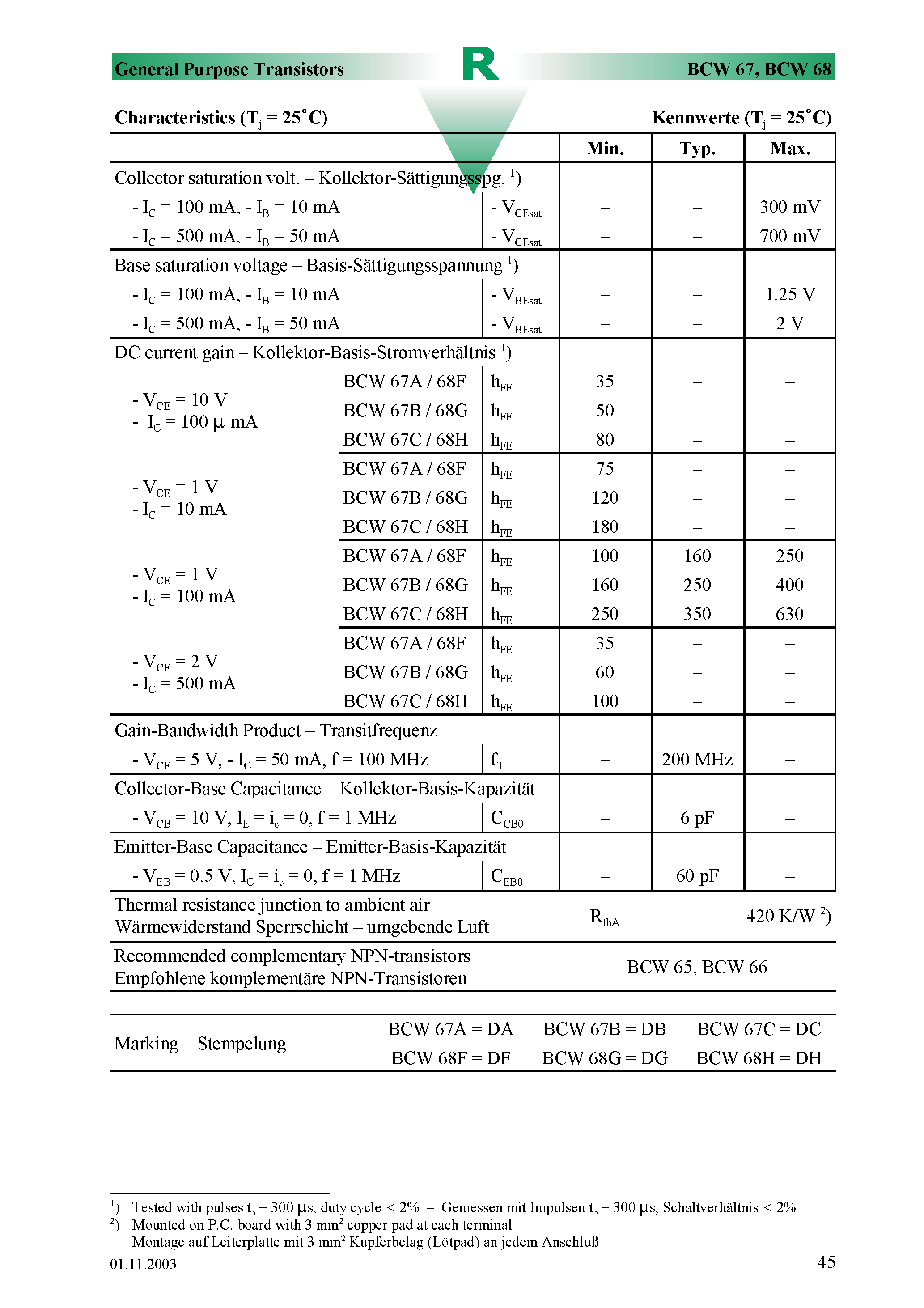 Datasheet BCW67B page 2 Datasheet BCW67B - Surface mount Si-Epitaxial PlanarTransistors page 2