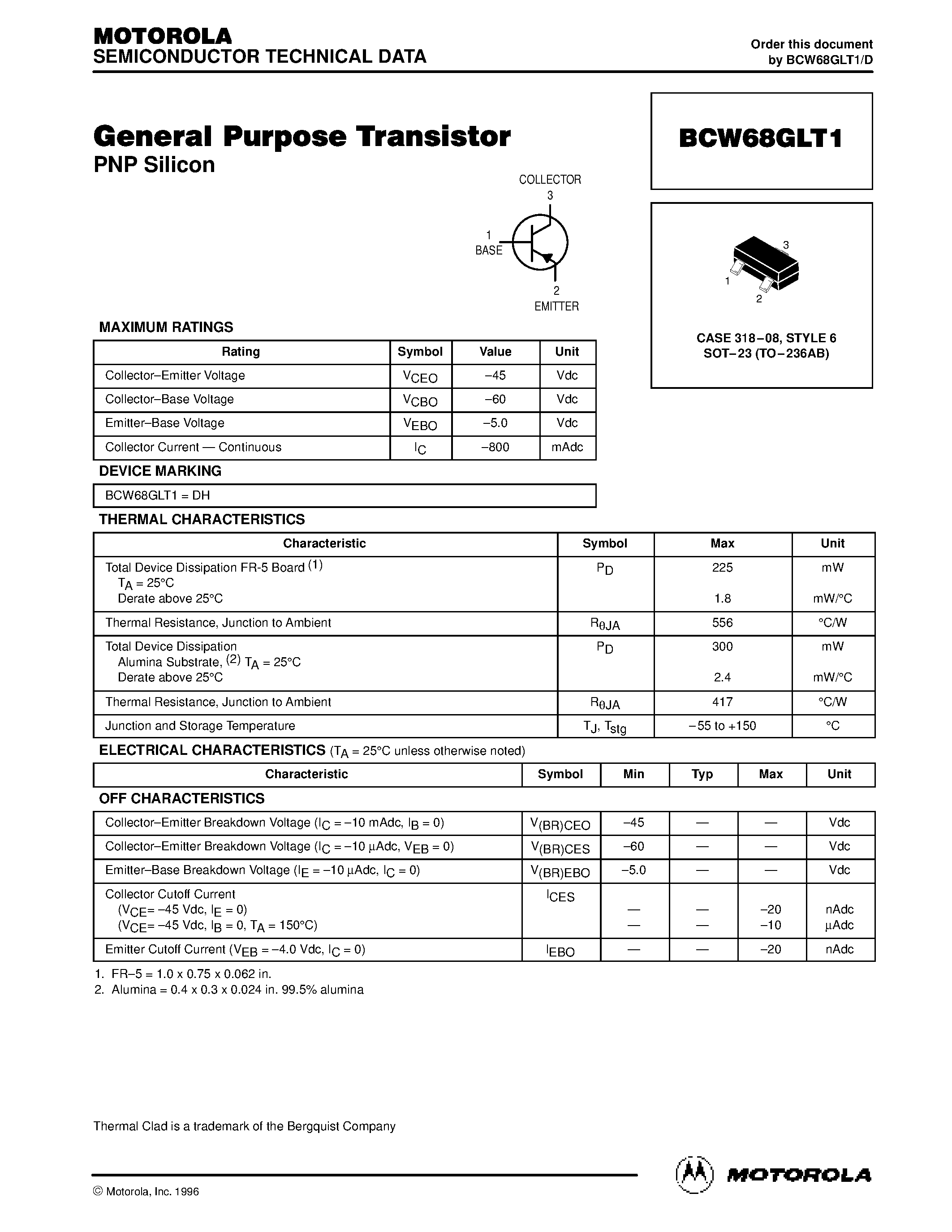 Datasheet BCW68GLT1 page 1 Datasheet BCW68GLT1 - General Purpose Transistors(PNP Silicon) page 1