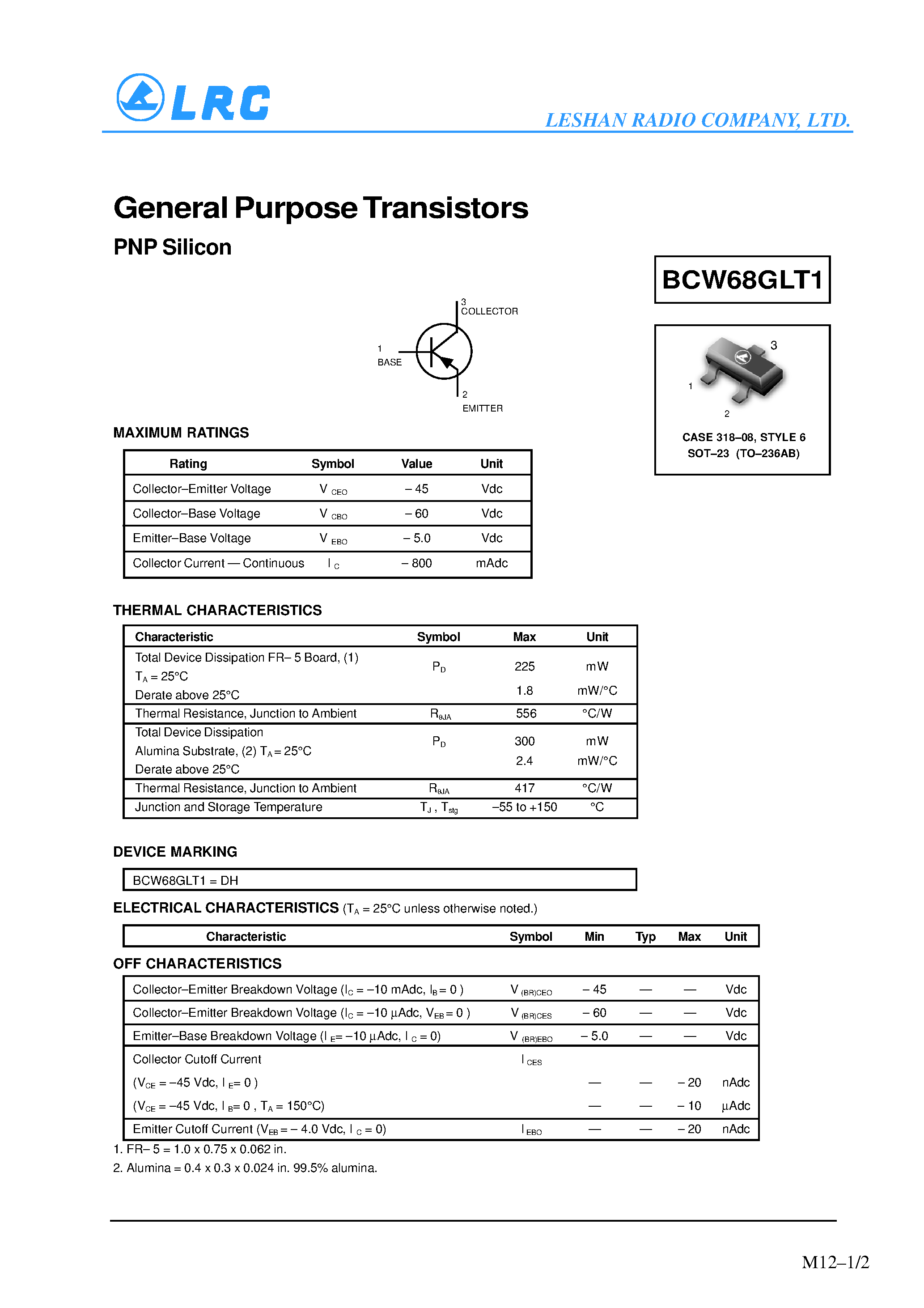 Datasheet BCW68GLT1 page 1 Datasheet BCW68GLT1 - General Purpose Transistors(PNP Silicon) page 1