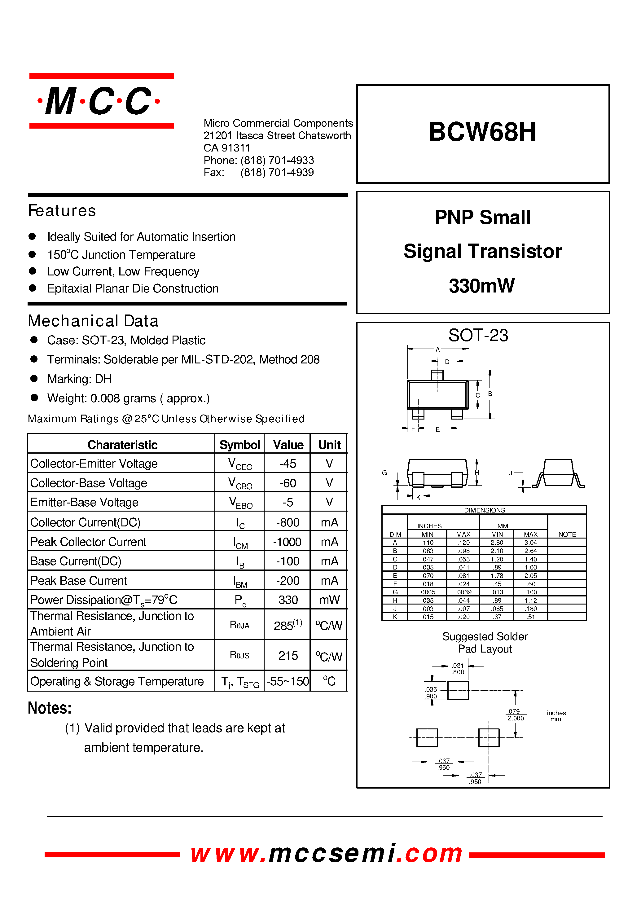 Datasheet BCW68H page 1 Datasheet BCW68H - PNP Small Signal Transistor 330mW page 1