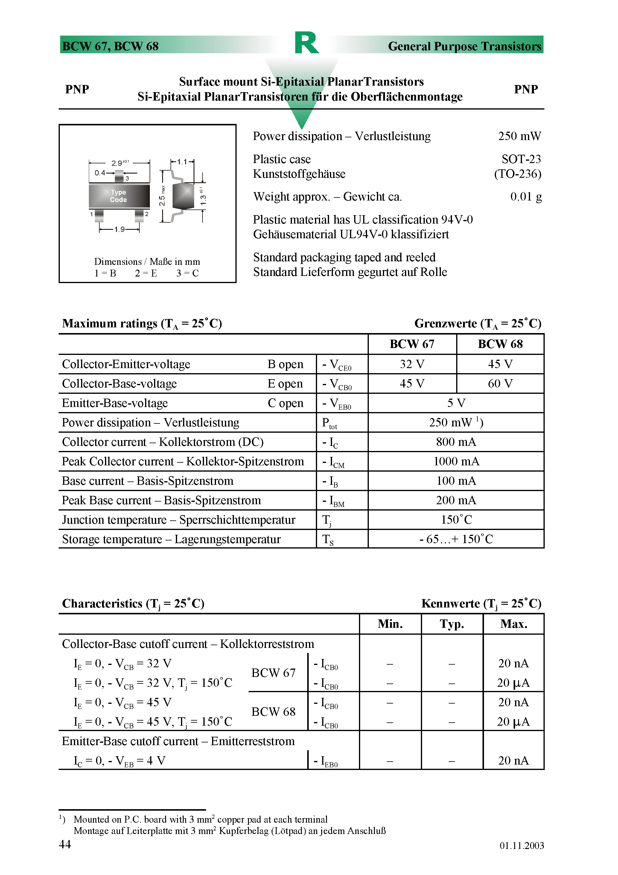Даташит BCW68H - Surface mount Si-Epitaxial PlanarTransistors страница 1