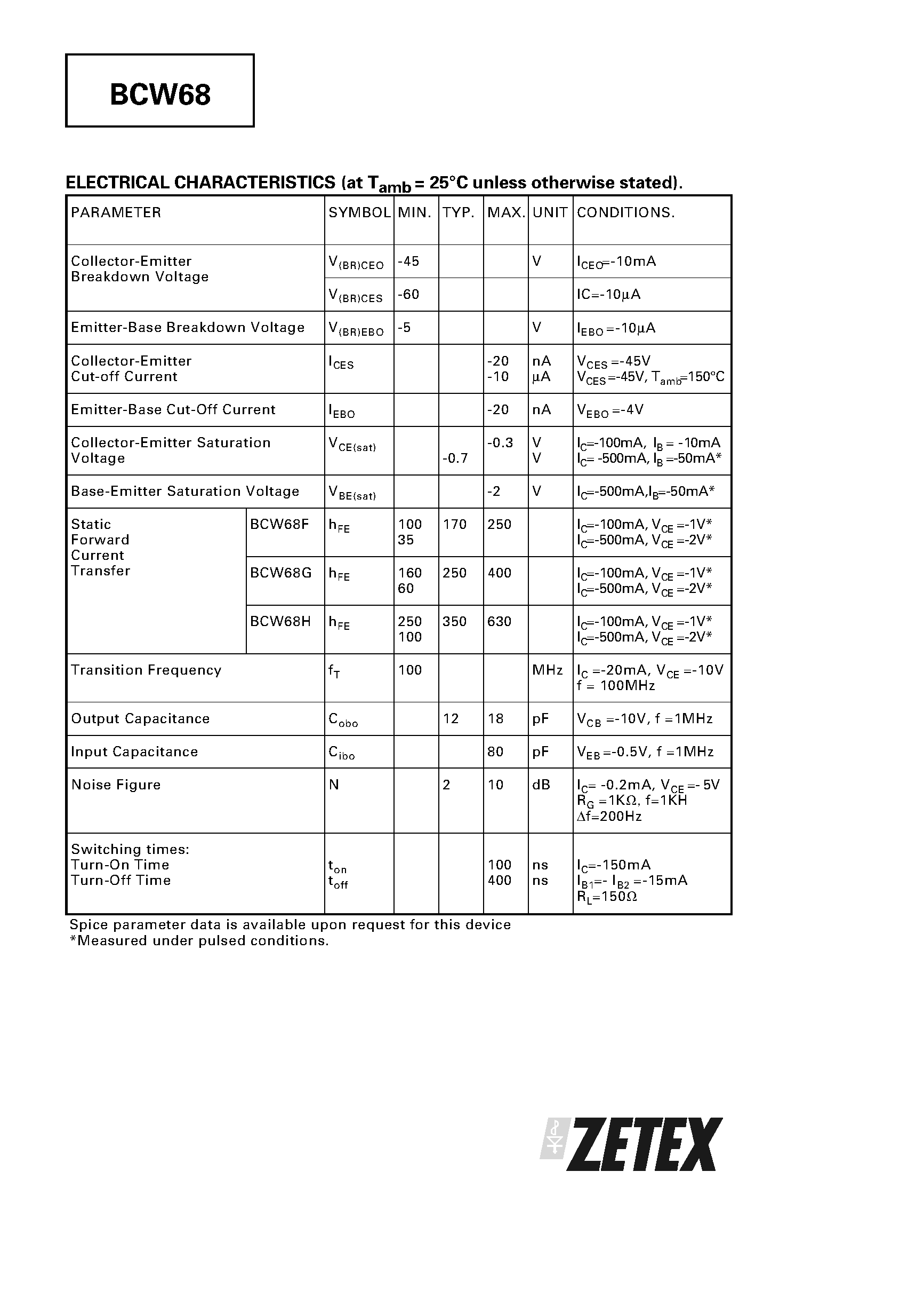 Datasheet BCW68HR page 2 Datasheet BCW68HR - PNP SILICON PLANAR MEDIUM POWER TRANSISTOR page 2