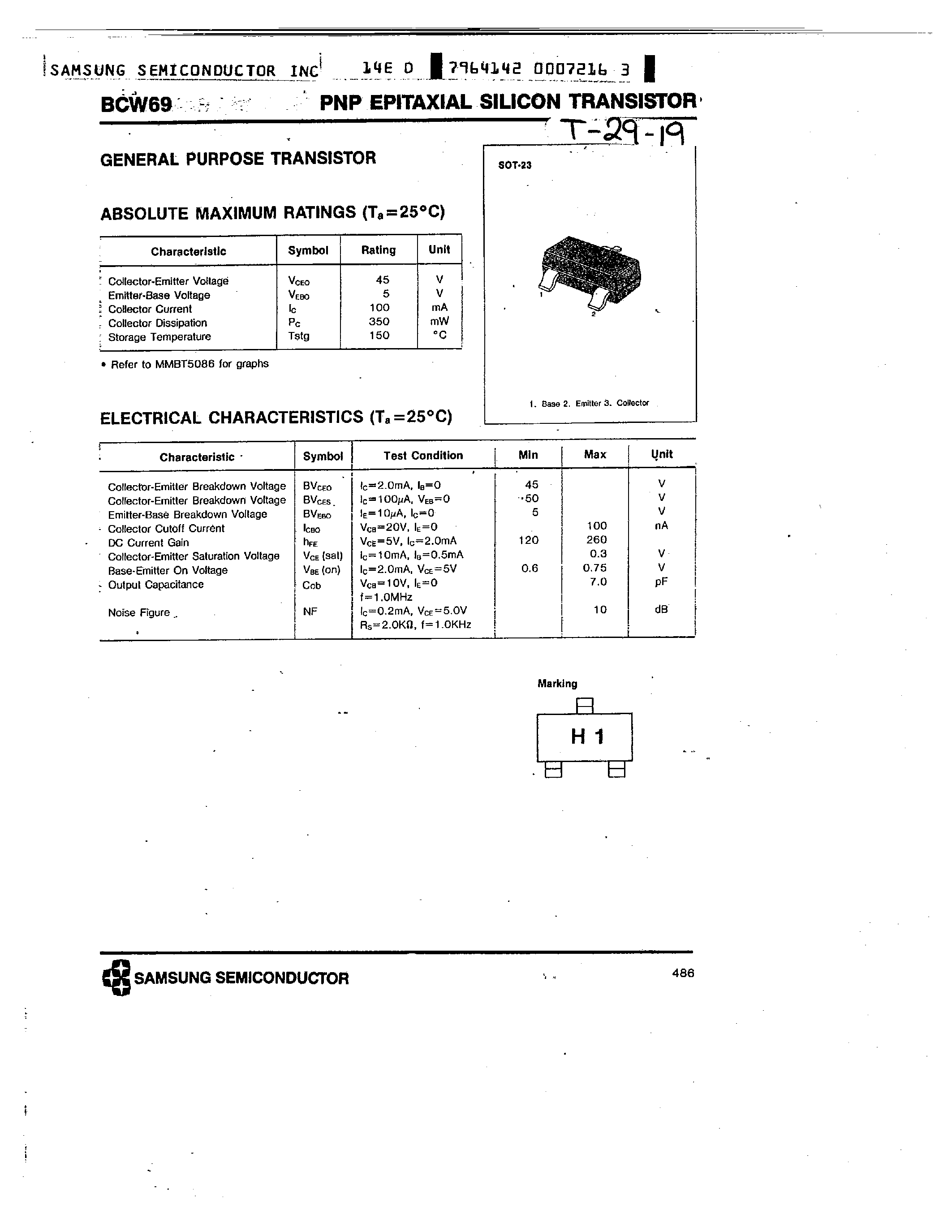 Datasheet BCW69 page 1 Datasheet BCW69 - PNP EPITAXIAL SILICON TRANSISTOR page 1