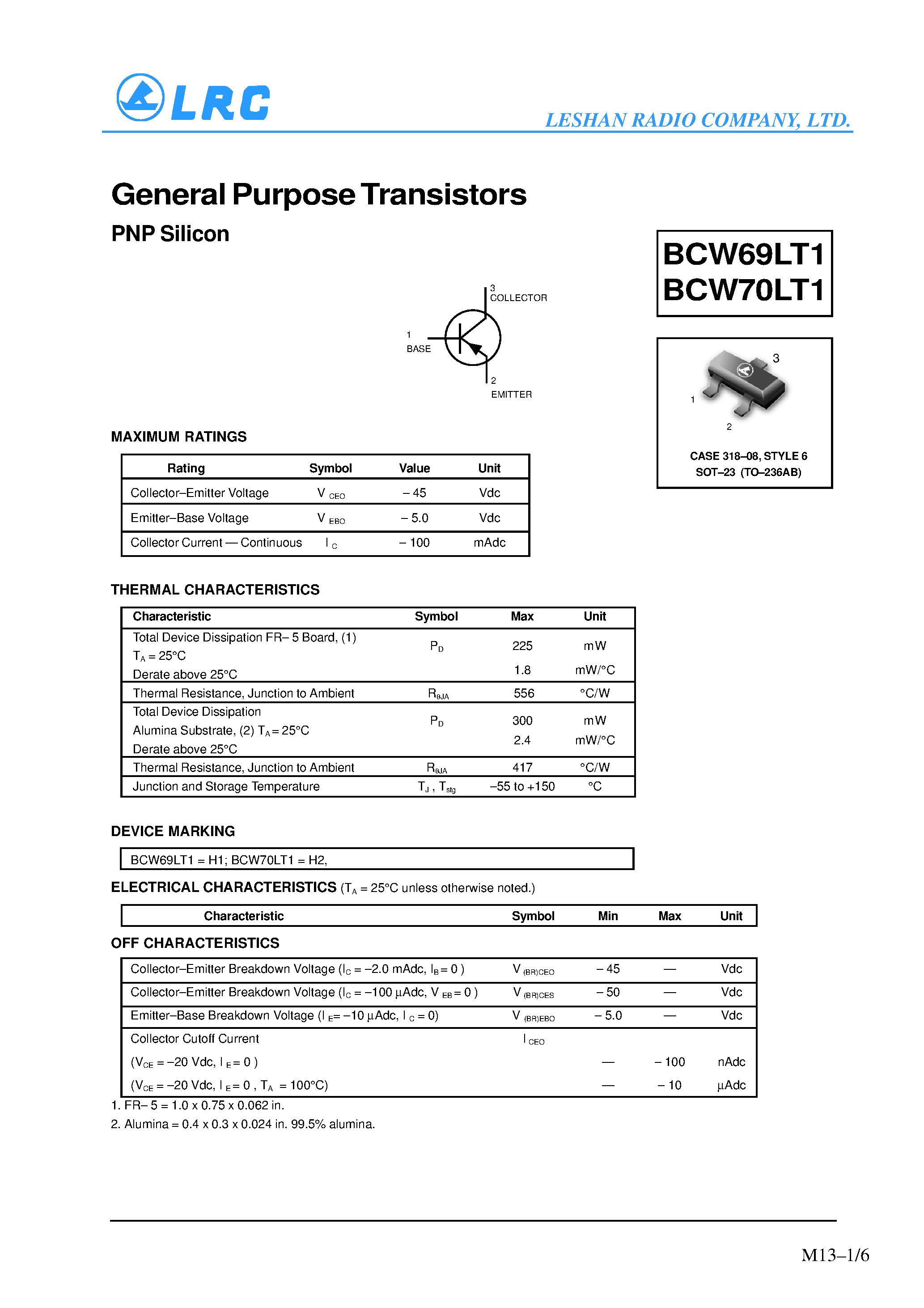 Datasheet BCW69LT1 page 1 Datasheet BCW69LT1 - General Purpose Transistors(PNP Silicon) page 1