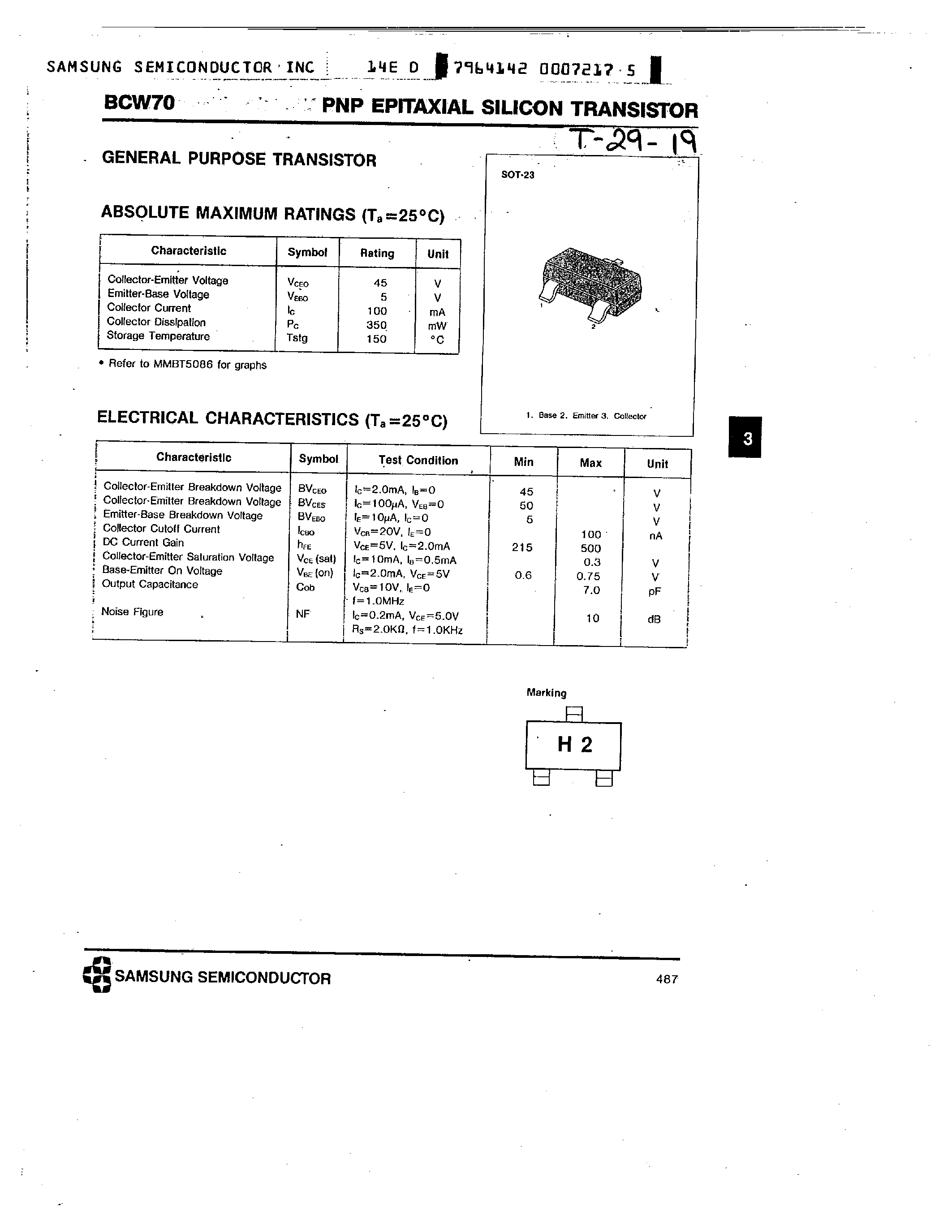 Datasheet BCW70 page 1 Datasheet BCW70 - PNP EPITAXIAL SILICON TRANSISTOR page 1