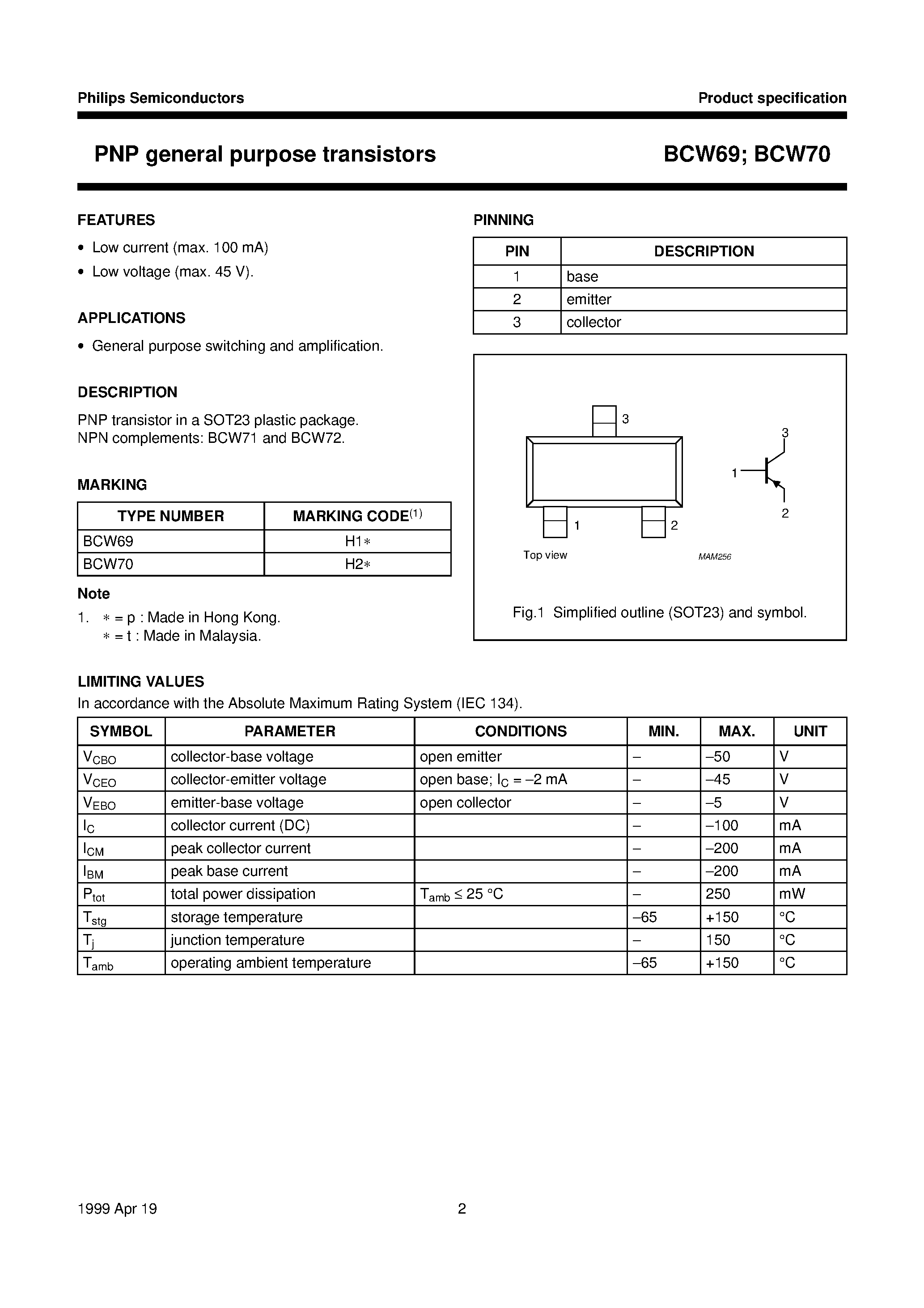 Datasheet BCW70 page 2 Datasheet BCW70 - PNP general purpose transistors page 2