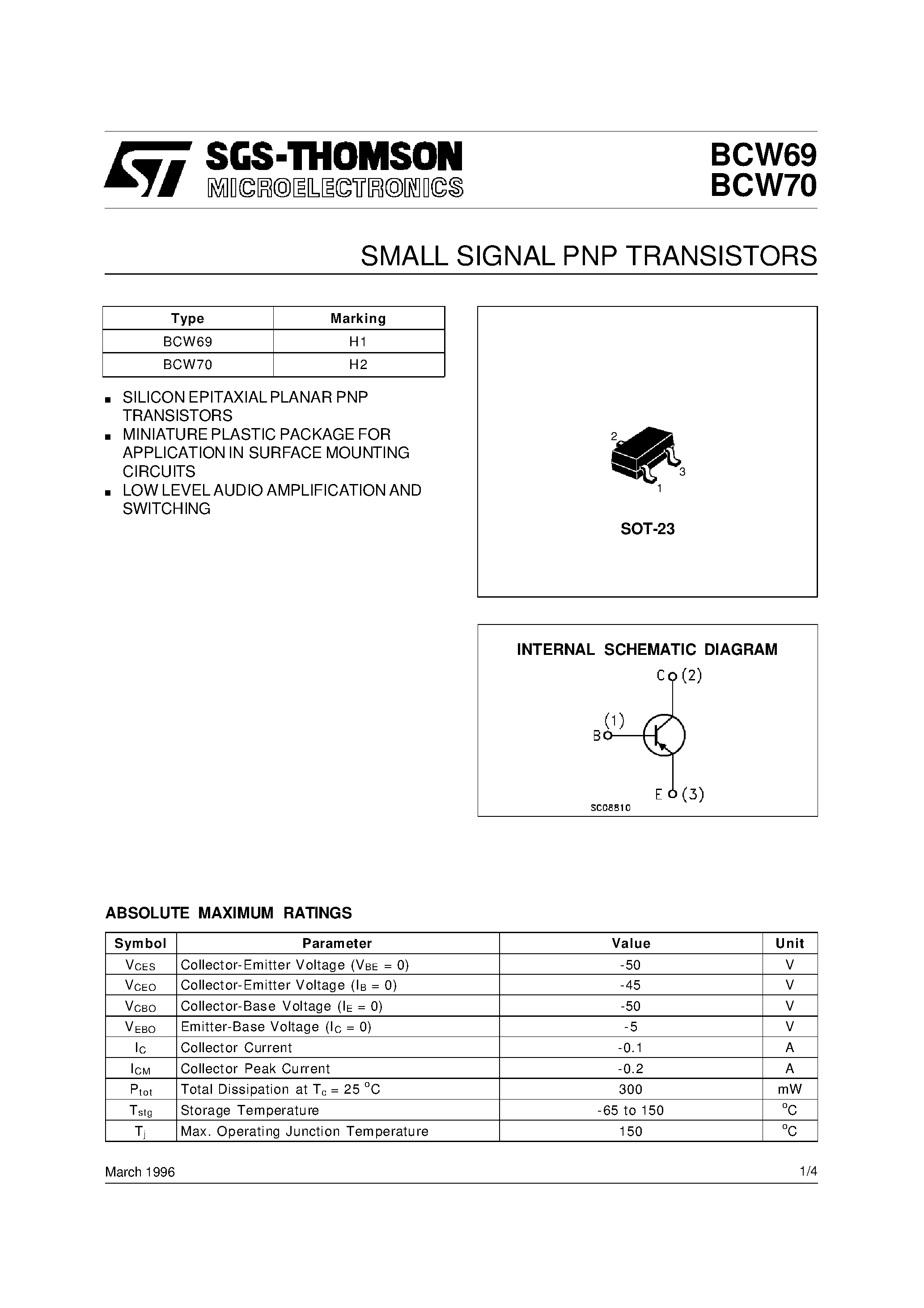 Datasheet BCW70 - SMALL SIGNAL PNP TRANSISTORS page 1