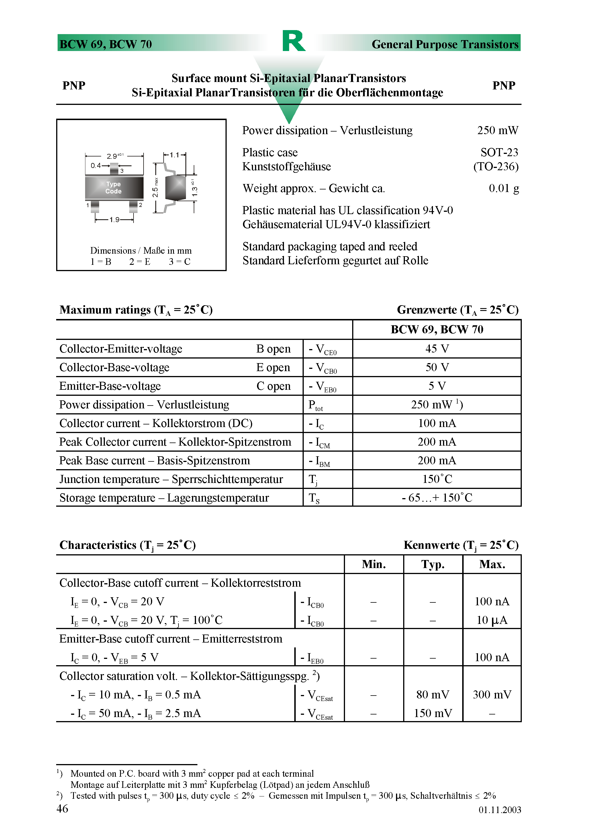 Даташит на микросхему BCW70 страница 1 Даташит BCW70 - Surface mount Si-Epitaxial PlanarTransistors страница 1