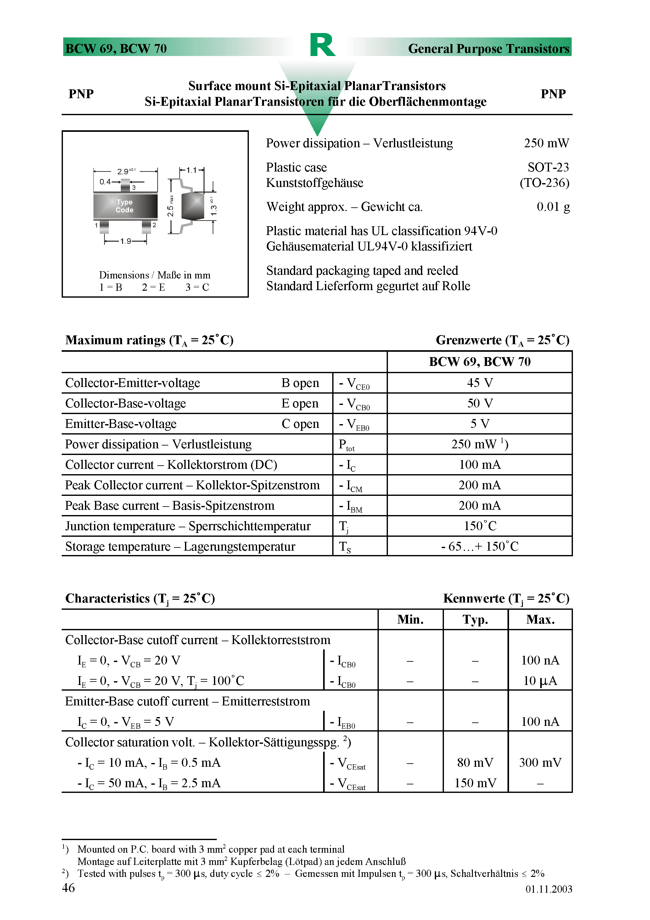Datasheet BCW70 - Surface mount Si-Epitaxial PlanarTransistors page 1