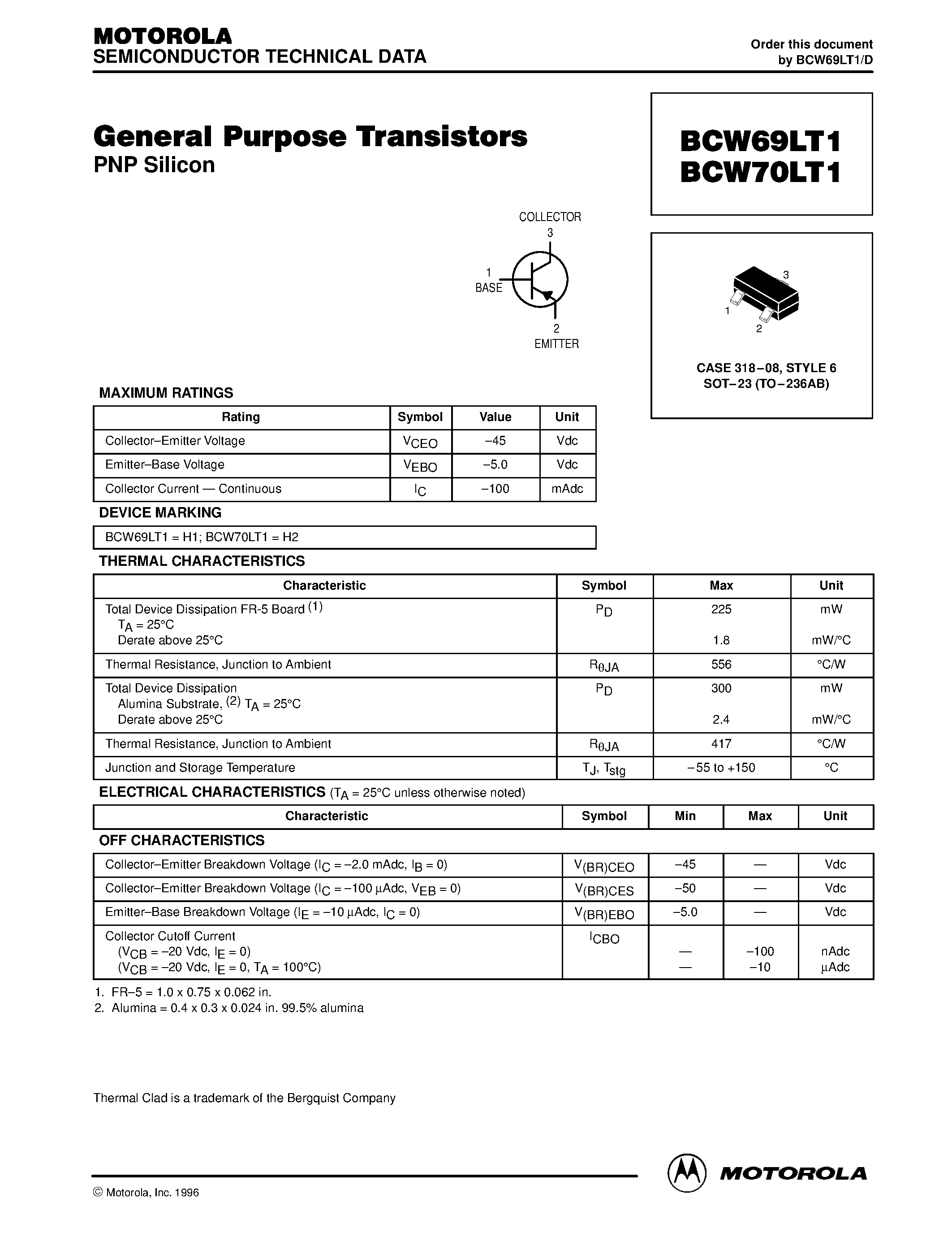 Datasheet BCW70LT1 - General Purpose Transistors page 1