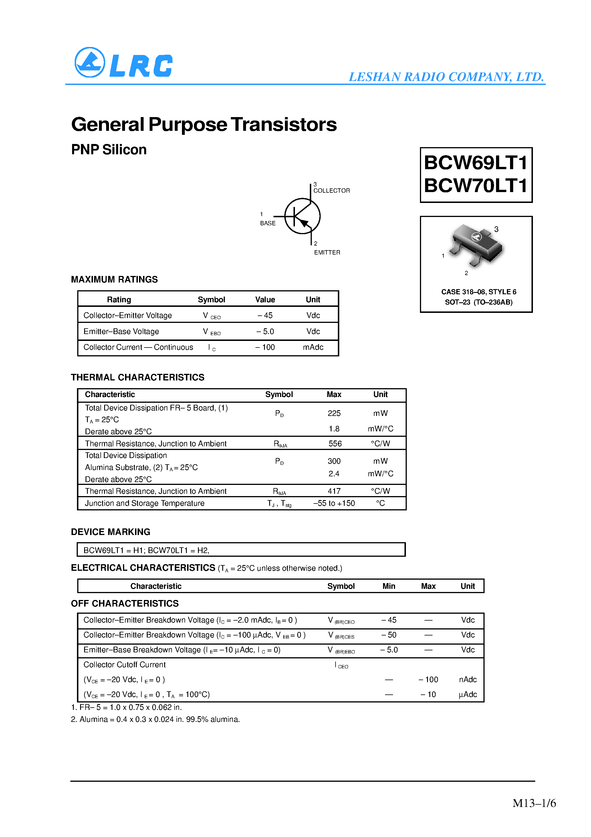 Даташит BCW70LT1 - General Purpose Transistors(PNP Silicon) страница 1