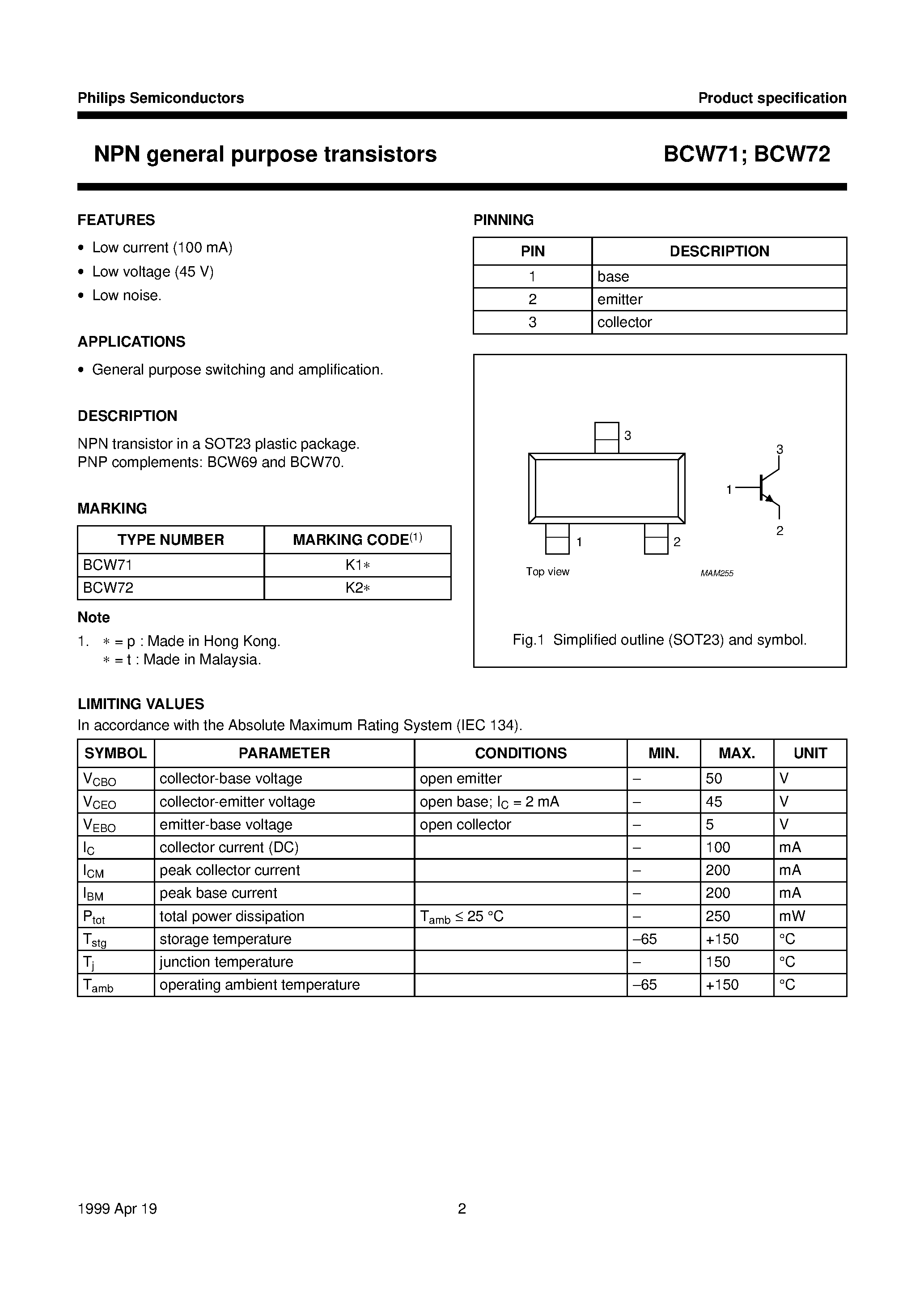 Datasheet BCW71 - NPN general purpose transistors page 2