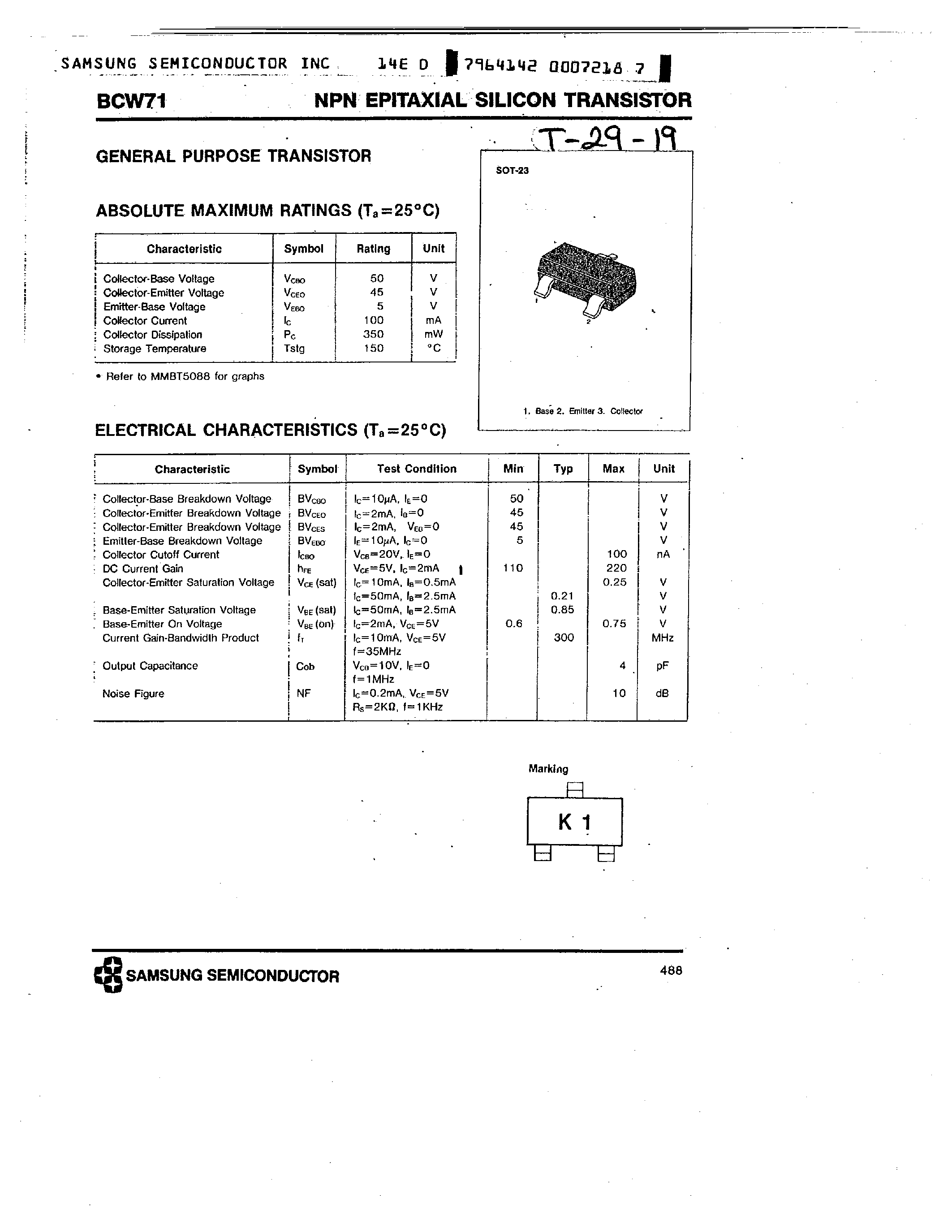 Datasheet BCW71 page 1 Datasheet BCW71 - NPN EPITAXIAL SILICON TRANSISTOR page 1