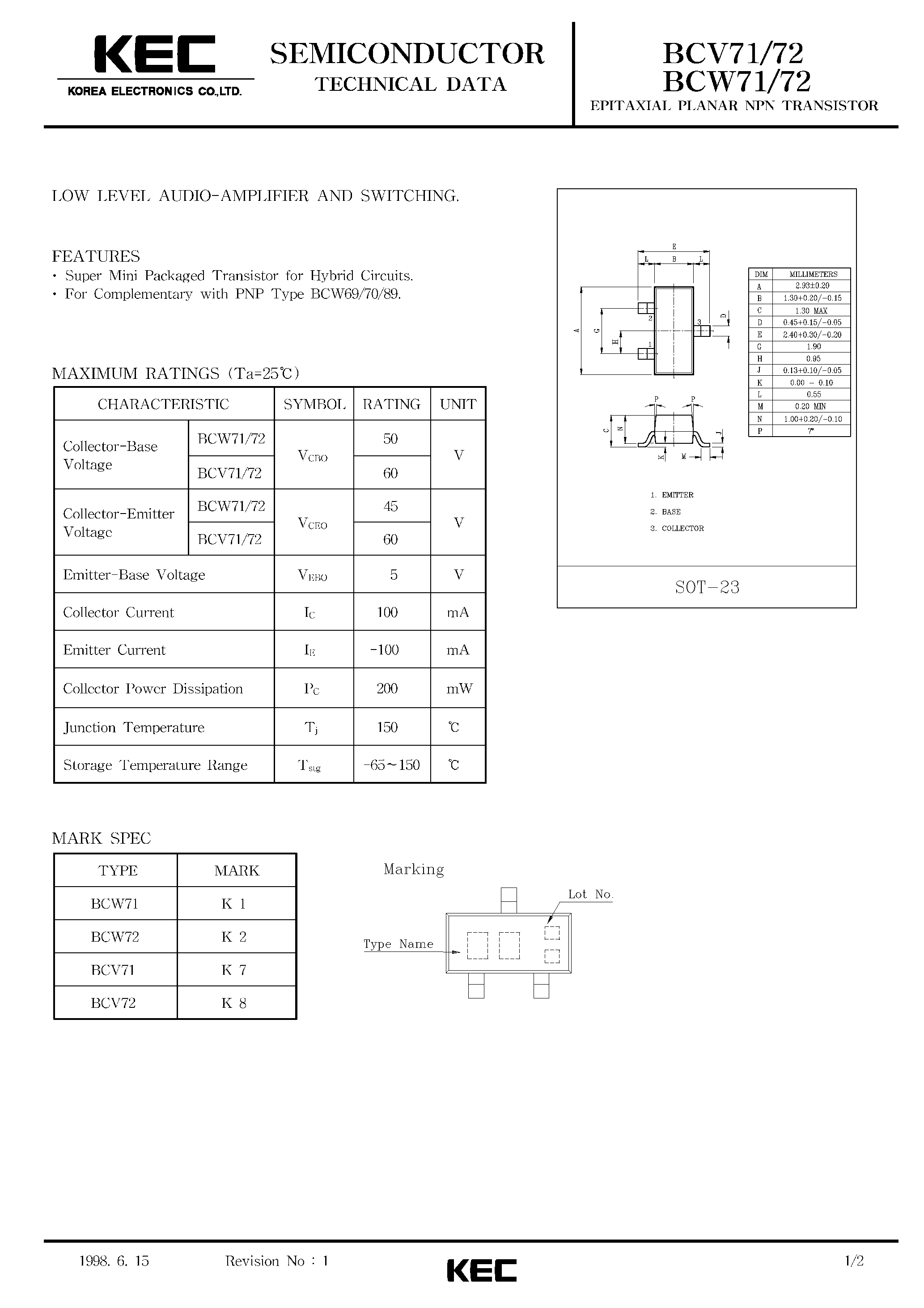 Datasheet BCW71 - EPITAXIAL PLANAR NPN TRANSISTOR (LOW LEVEL AUDIO-AMPLIFIER AND SWITCHING) page 1