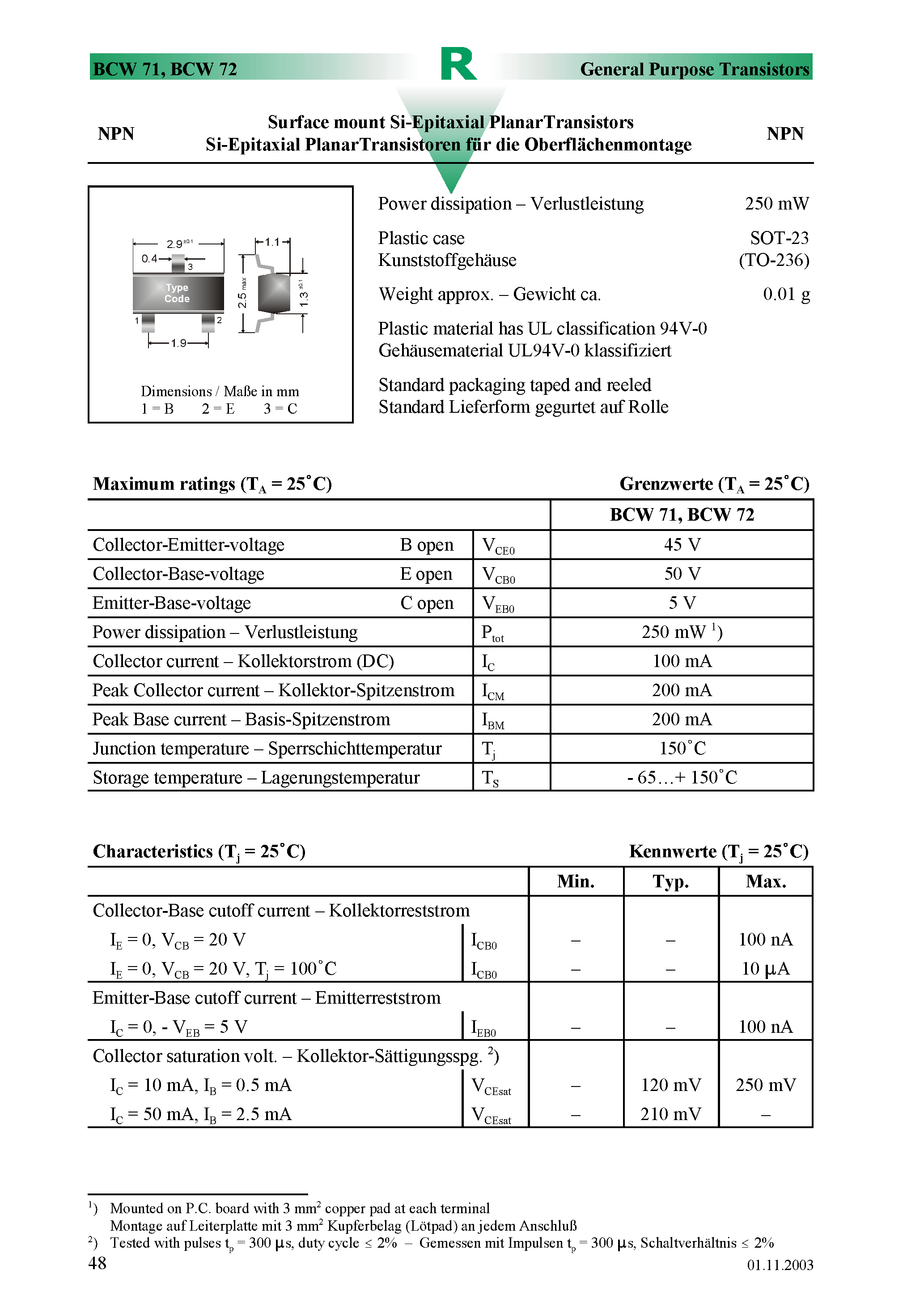 Datasheet BCW71 page 1 Datasheet BCW71 - Surface mount Si-Epitaxial PlanarTransistors page 1