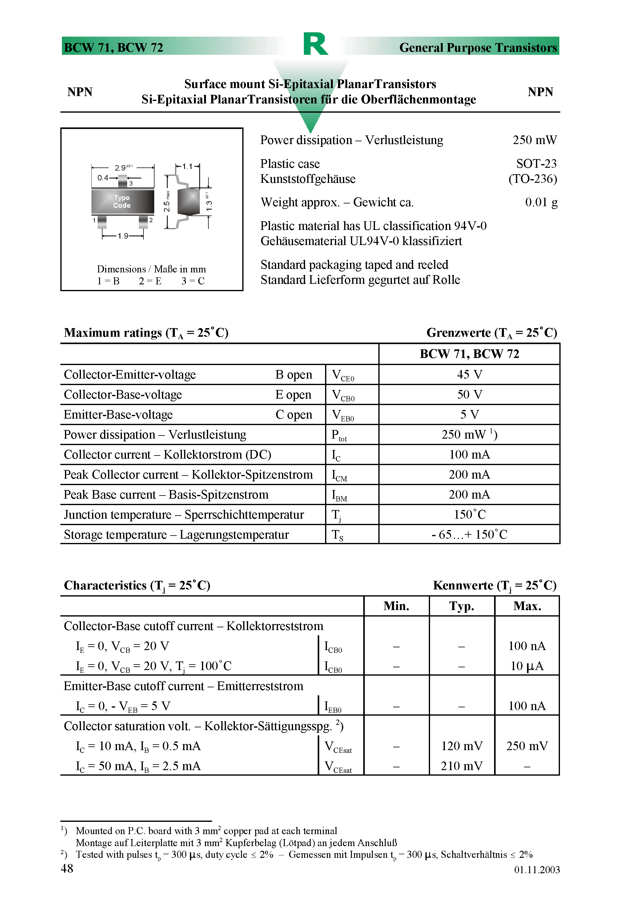 Даташит BCW71 - Surface mount Si-Epitaxial PlanarTransistors страница 1