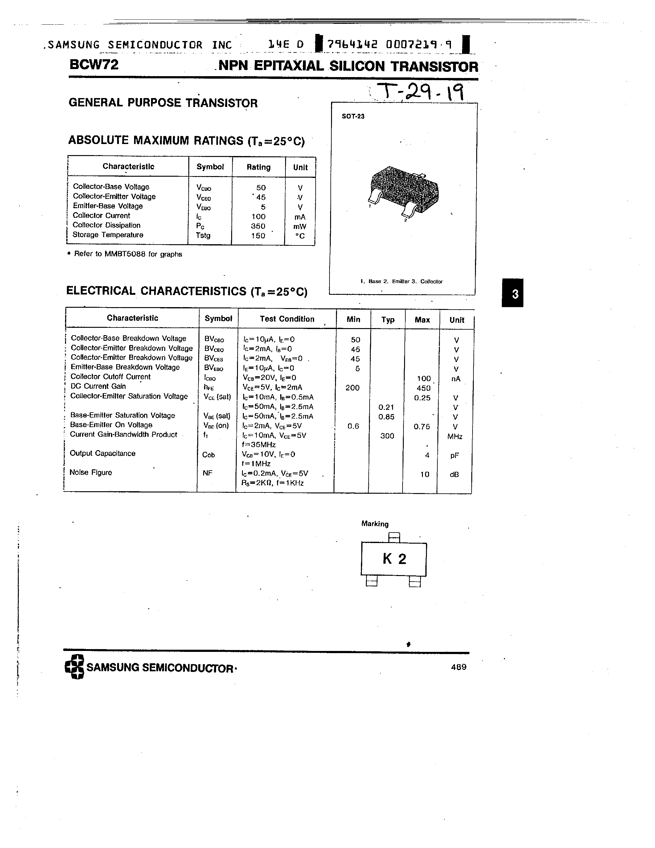 Datasheet BCW72 - NPN EPITAXIAL SILICON TRANSISTOR page 1