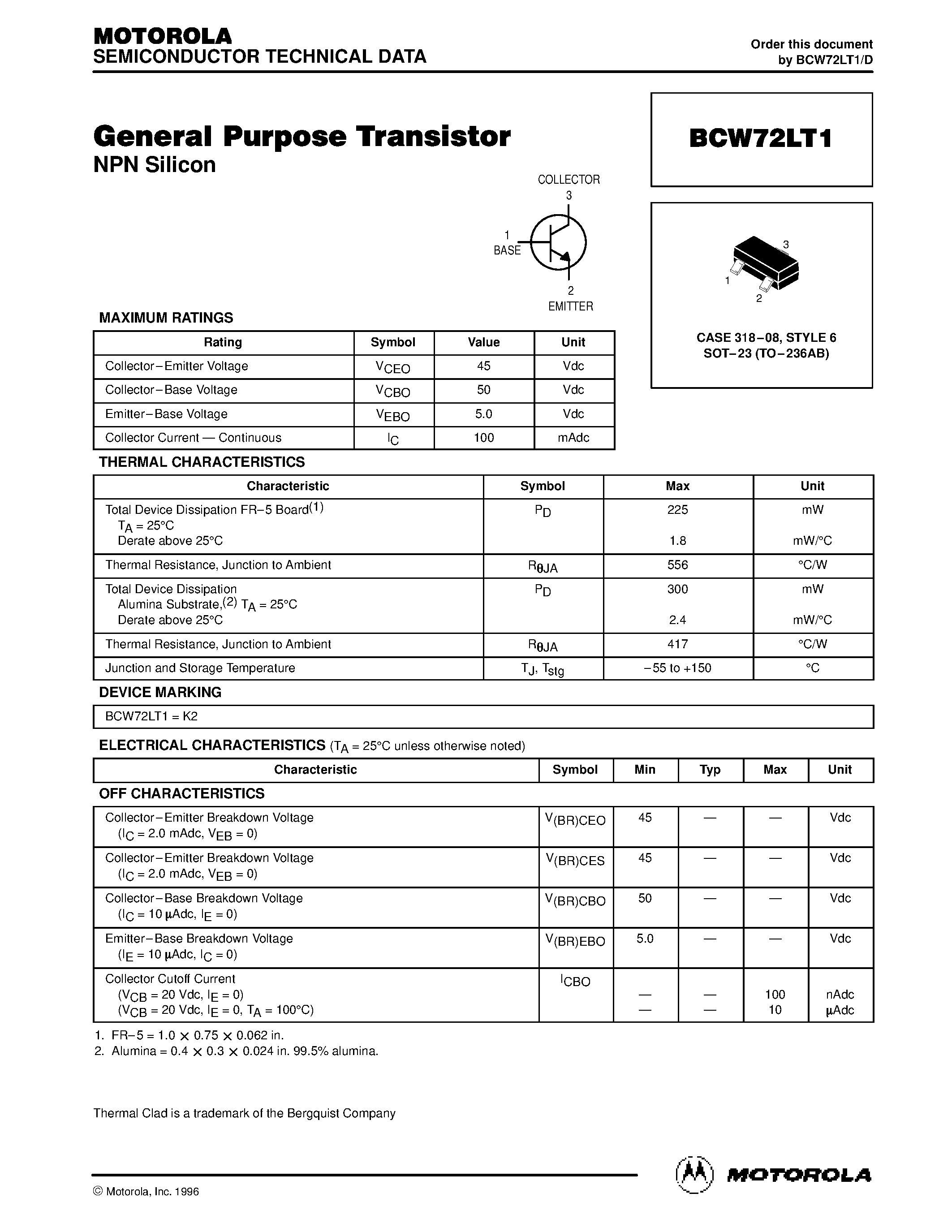 Даташит BCW72LT1 - General Purpose Transistor(NPN Silicon) страница 1