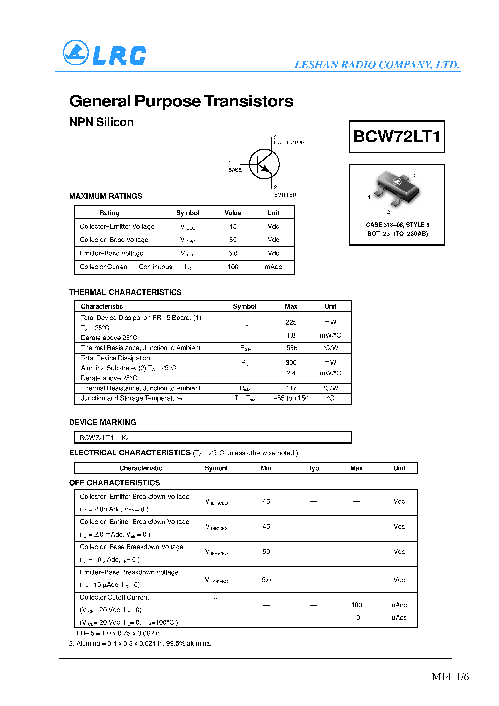 Datasheet BCW73LT1 - General Purpose Transistors(NPN Silicon) page 1