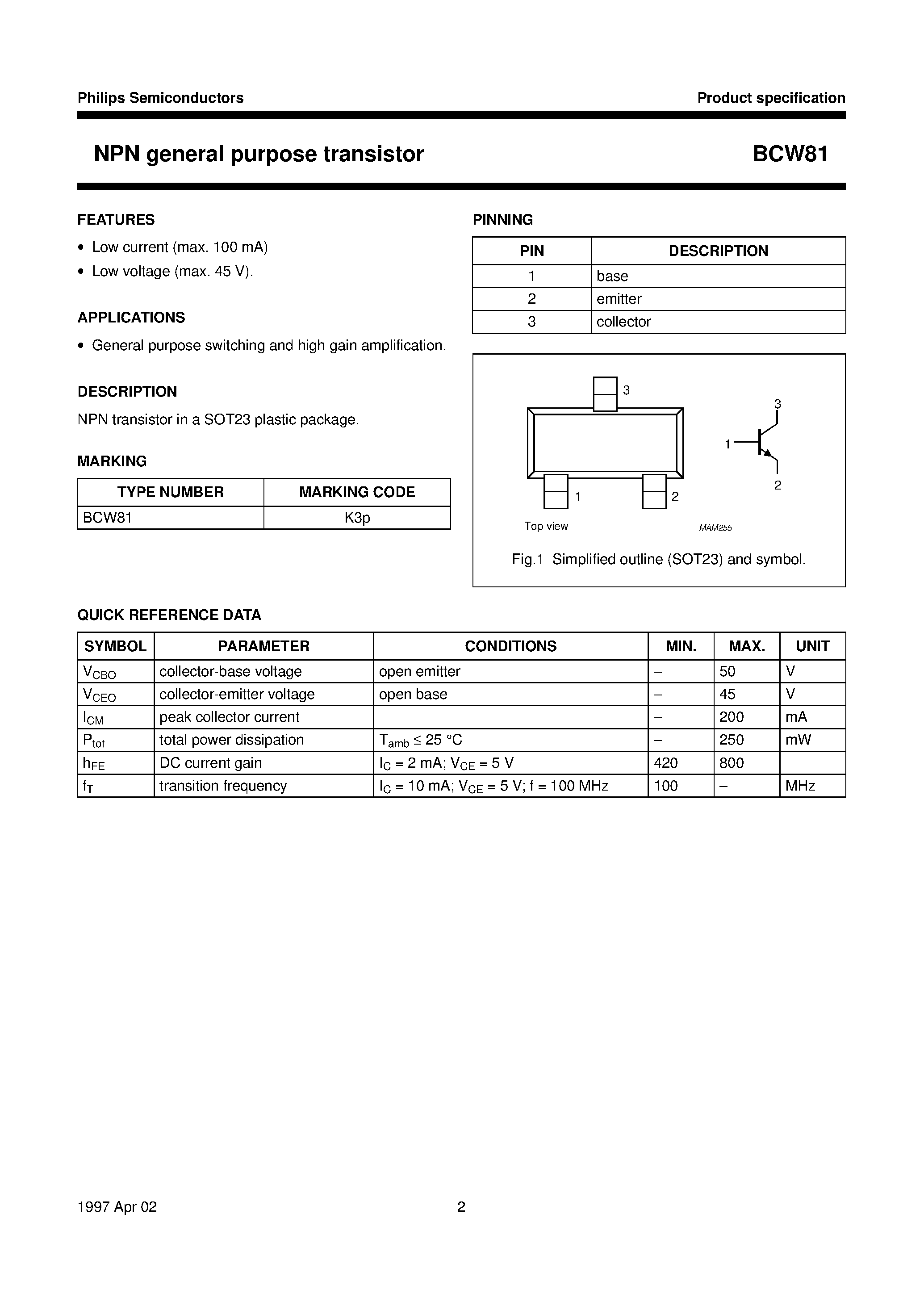 Даташит на микросхему BCW81 страница 2 Даташит BCW81 - NPN general purpose transistor страница 2