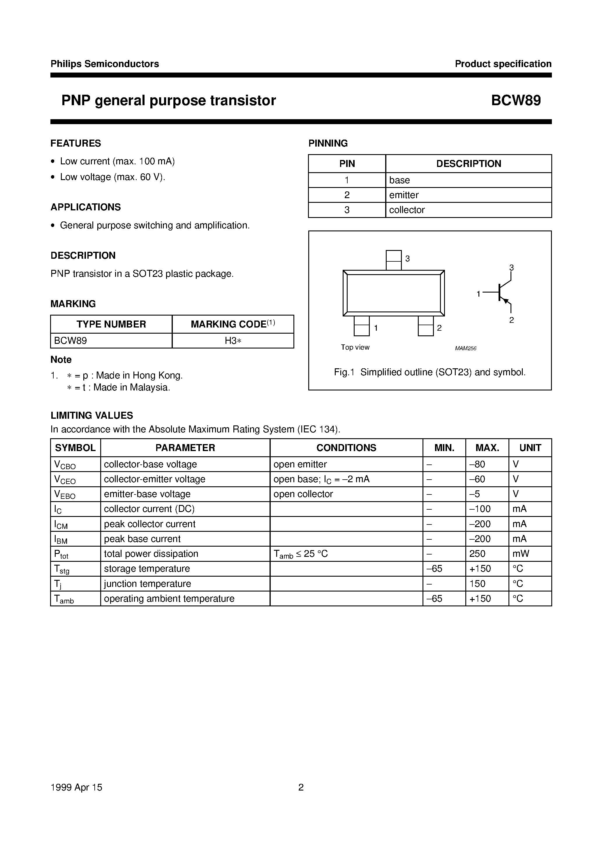 Datasheet BCW89 - PNP general purpose transistor page 2