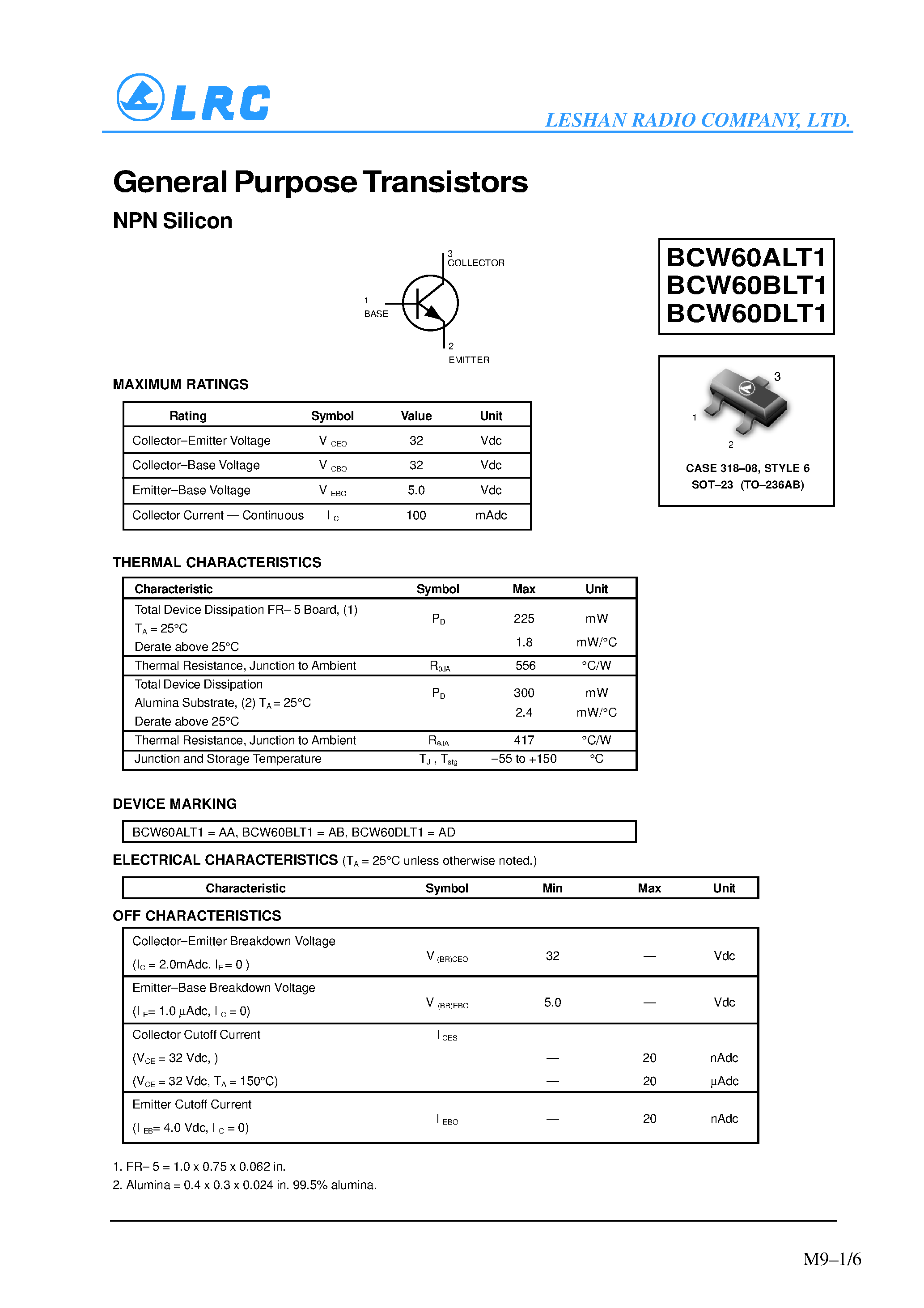 Datasheet BCWALT1 - General Purpose Transistors(NPN Silicon) page 1