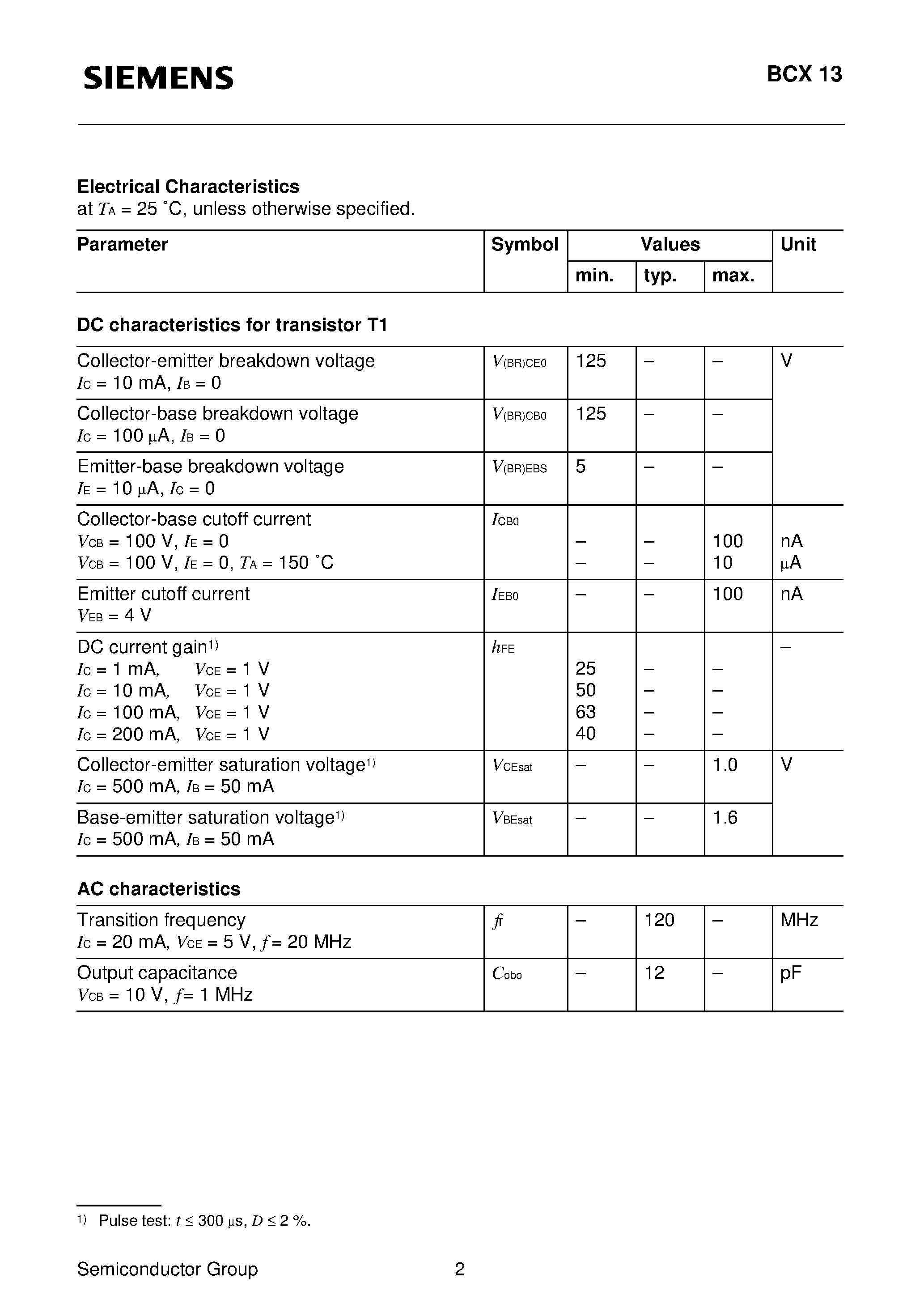 Даташит на микросхему BCX13 страница 2 Даташит BCX13 - PNP Silicon AF Switching Transistor (For general AF applications High breakdown voltage) страница 2