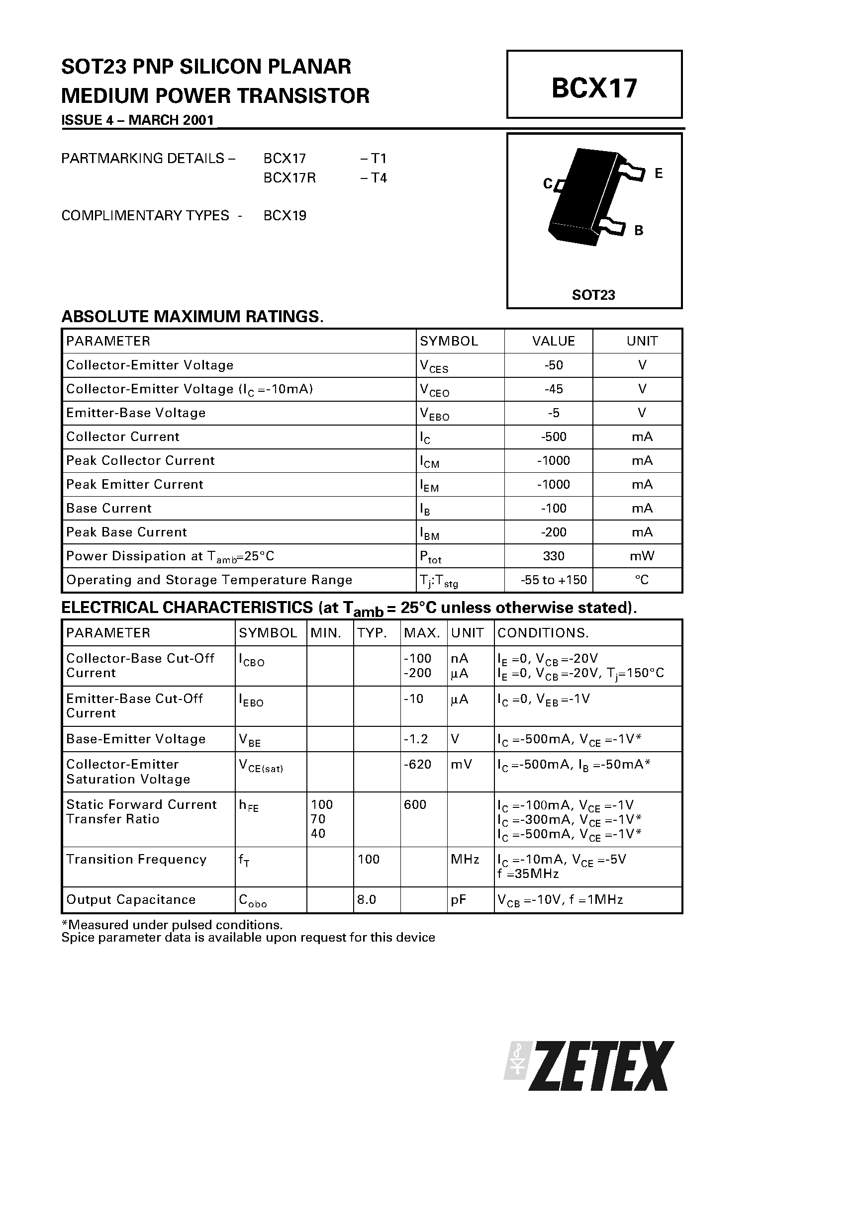 Даташит BCX17 - PNP SILICON PLANAR MEDIUM POWER TRANSISTOR страница 1