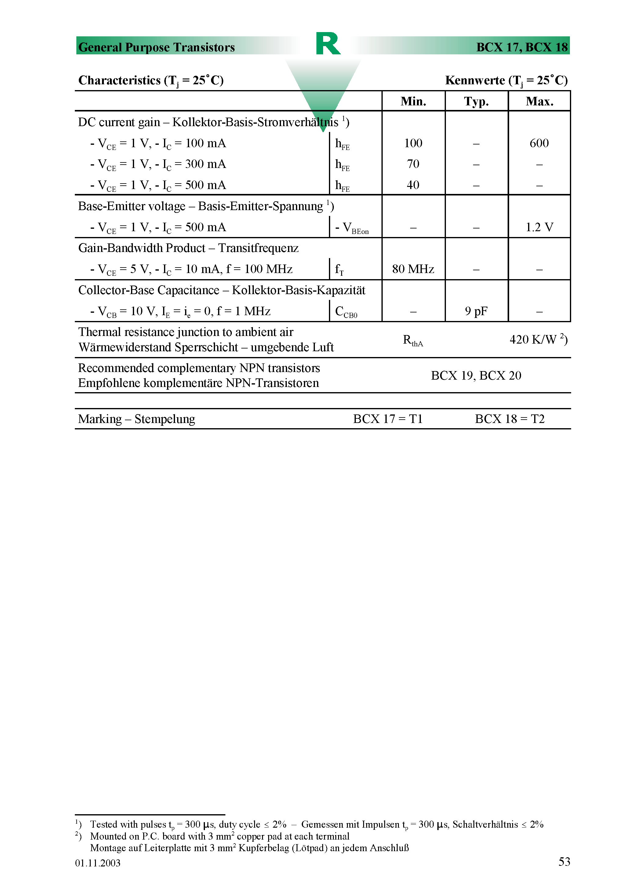 Datasheet BCX17 - Surface mount Si-Epitaxial PlanarTransistors page 2