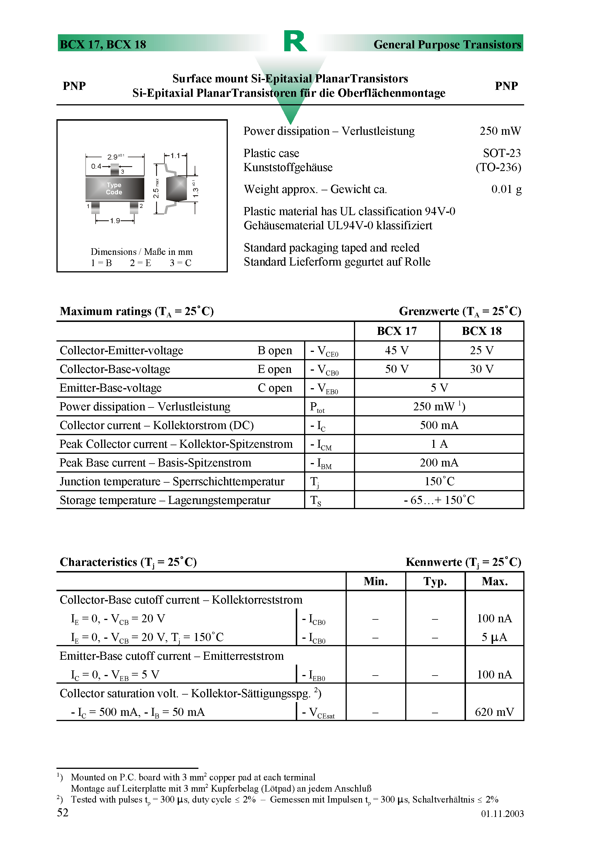 Даташит на микросхему BCX18 страница 1 Даташит BCX18 - Surface mount Si-Epitaxial PlanarTransistors страница 1