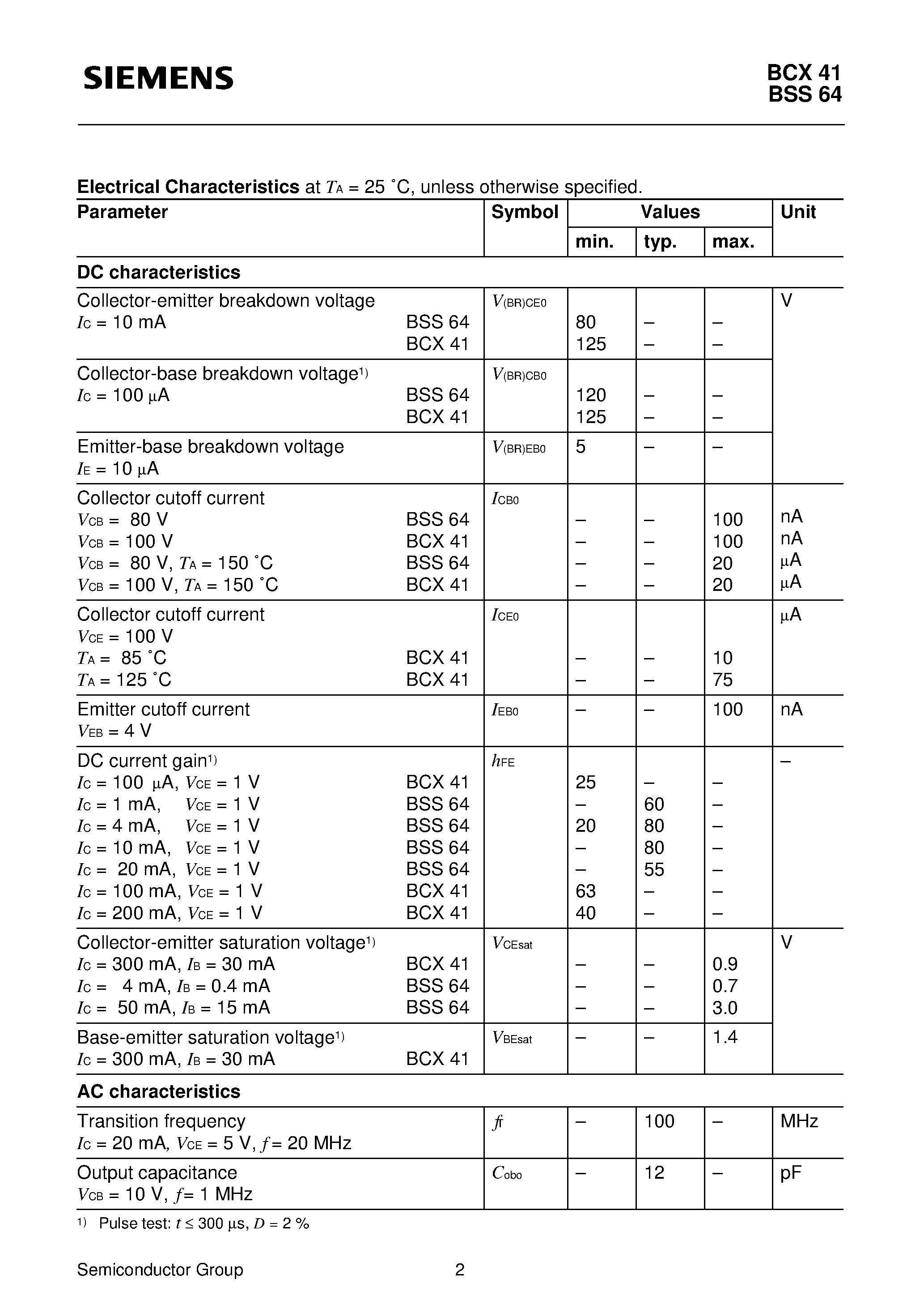 Даташит BCX41 - NPN Silicon AF and Switching Transistor (High breakdown voltage Low collector-emitter saturation voltage) страница 2
