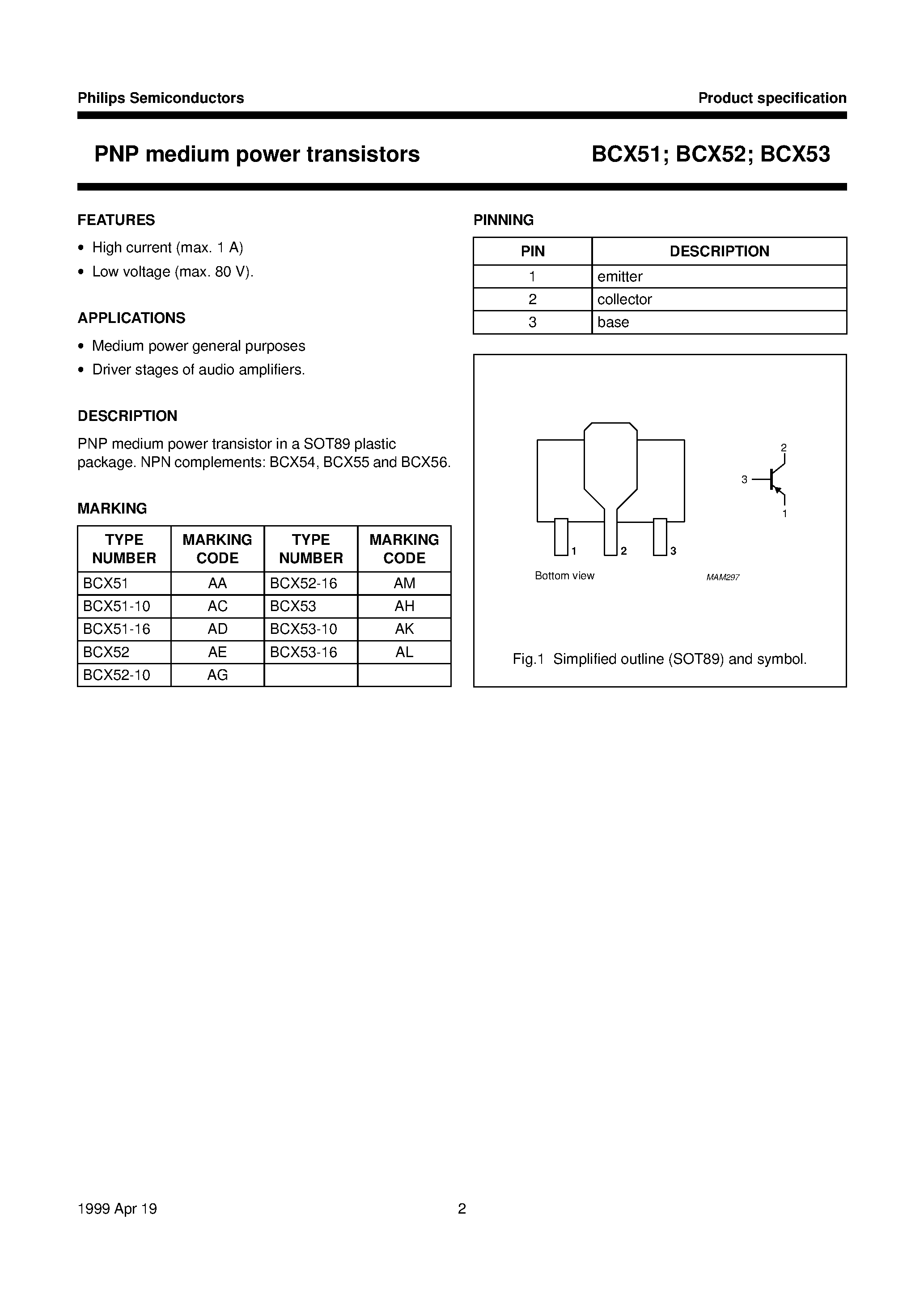 Даташит BCX51 - PNP medium power transistors страница 2