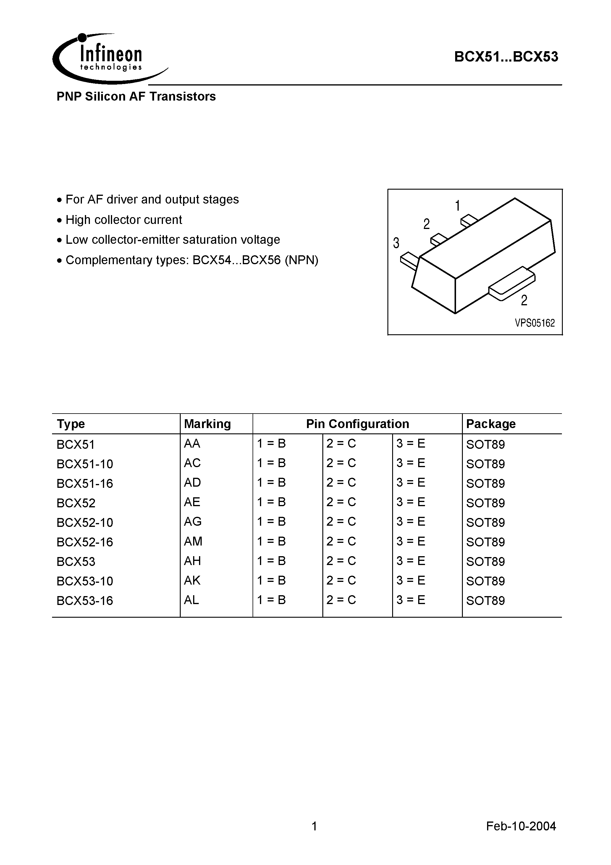 Datasheet BCX51-16 - PNP Silicon AF Transistors page 1